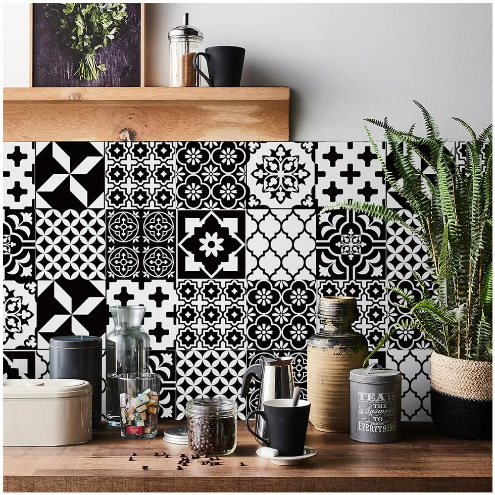 Autocollants de carrelage 3D imperméables 10x10 cm noir et blanc écailles de poisson pour cuisine salle de bain