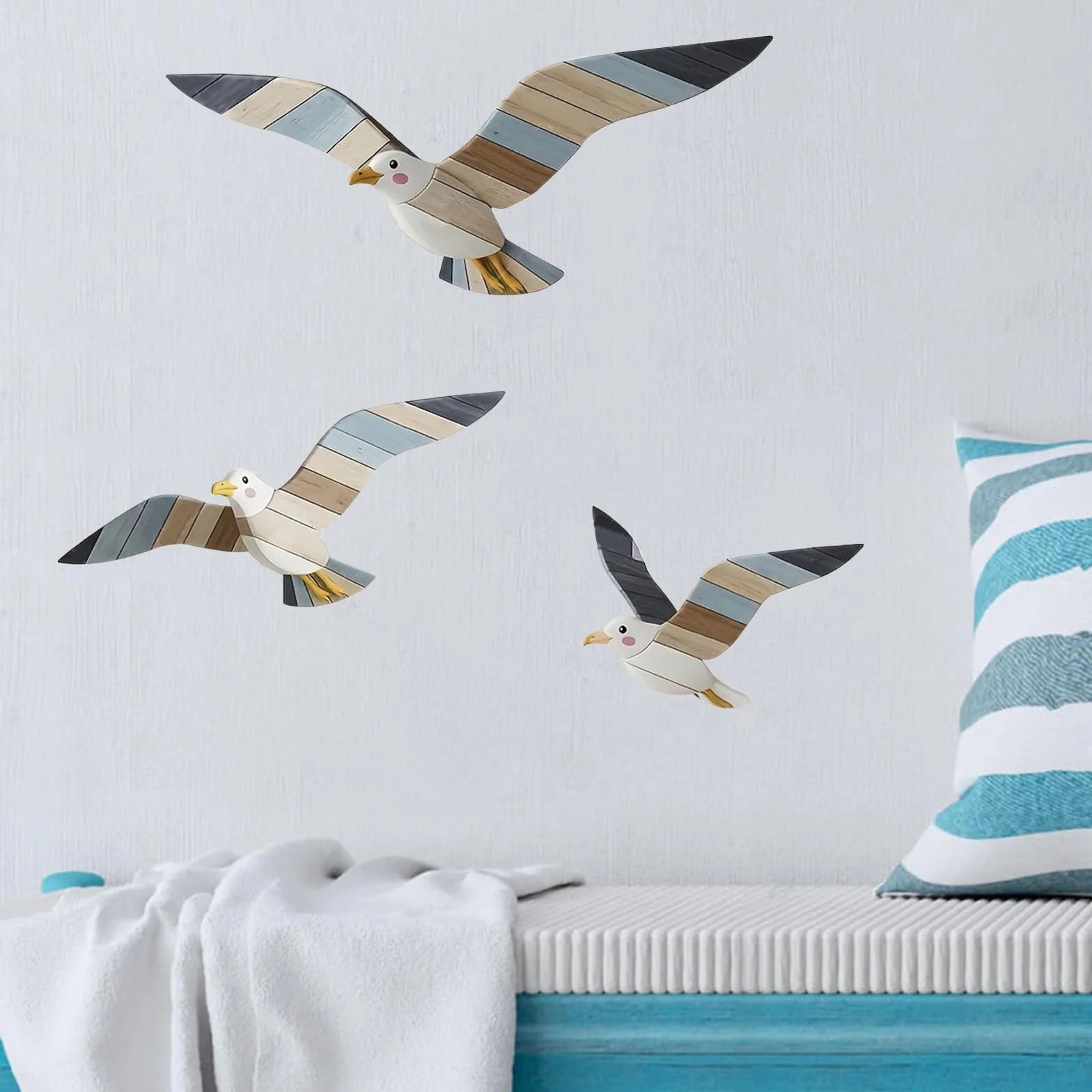 Décoration Murale de Plage en 3 Pièces, Bois, Mouettes, Art Mural Thème pour Salon Chambre