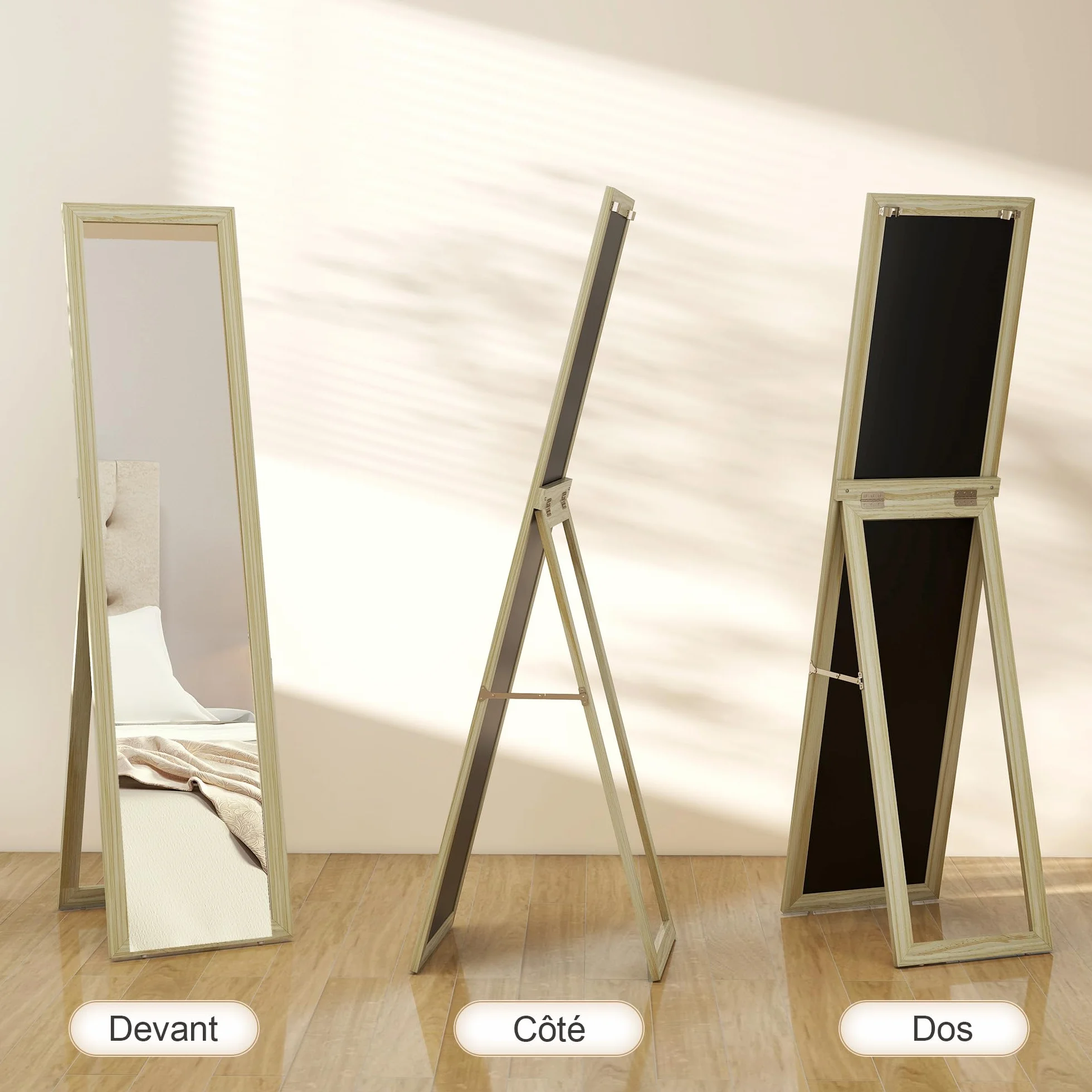 HOMCOM Miroir sur Pied et Mural Rectangulaire, Miroir de Sol Pleine Longueur pour Dressing, Chambre, Salon, 37 x 37 x 154 cm, Bois Naturel