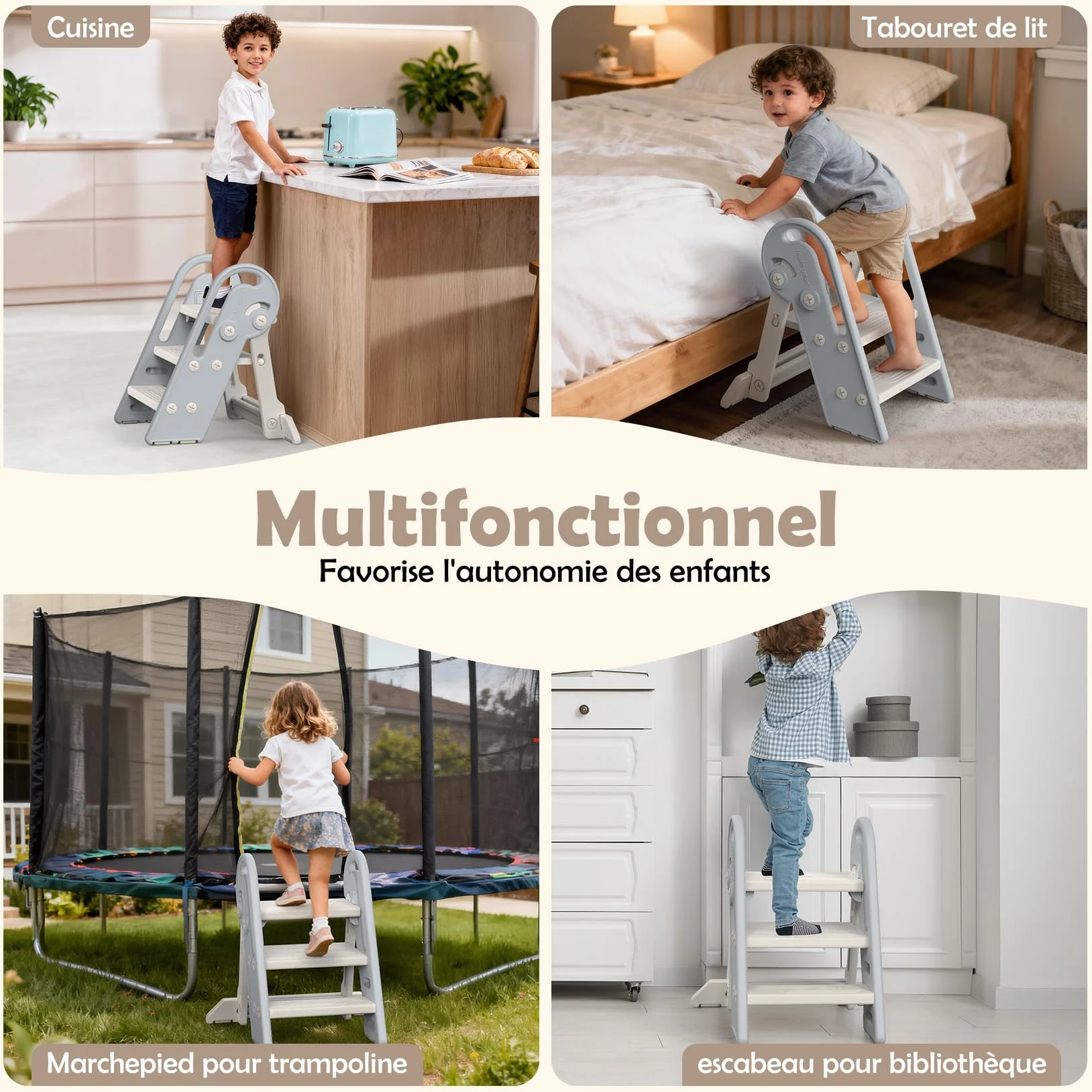 Marche Pied Pliable pour Enfant, Marchepied à Hauteur réglable, Multifonction, Marche Pied Toilette Enfant de la propreté avec poignées, Cadeaux pour garçons et Filles de 1,5 à 8 Ans-Gris Blanc