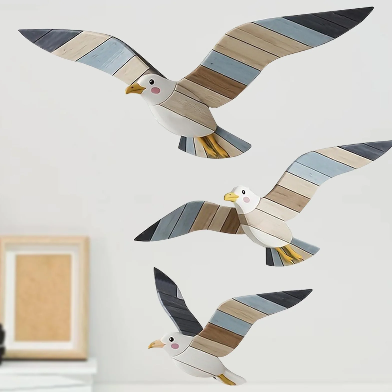 Décoration Murale de Plage en 3 Pièces, Bois, Mouettes, Art Mural Thème pour Salon Chambre