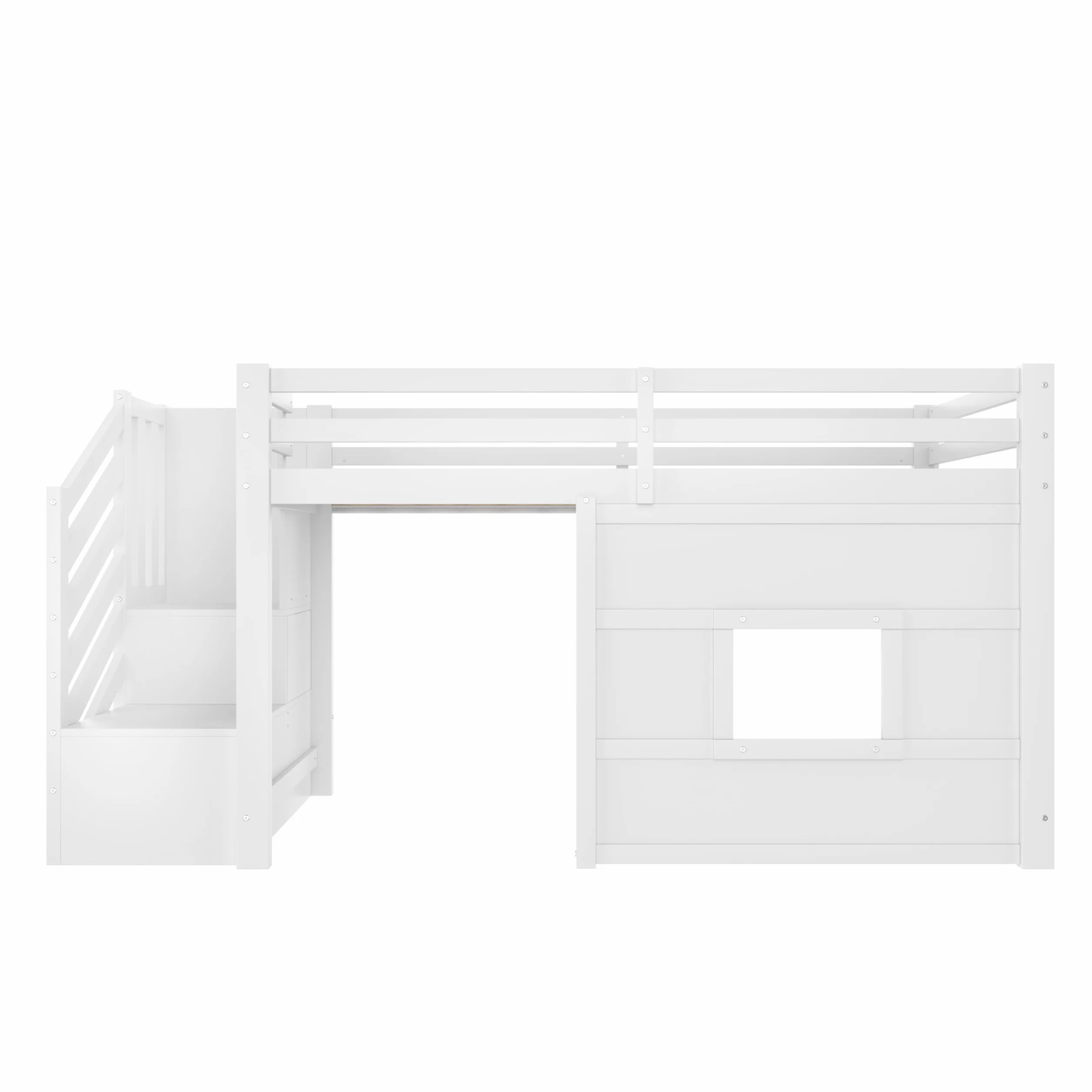 Lit Mezzanine Enfant 90x200 avec Escalier de Rangement, Cadre de Lit Enfant Fenêtre et Éclairage LED - Cadre de Lit en Bois Stable