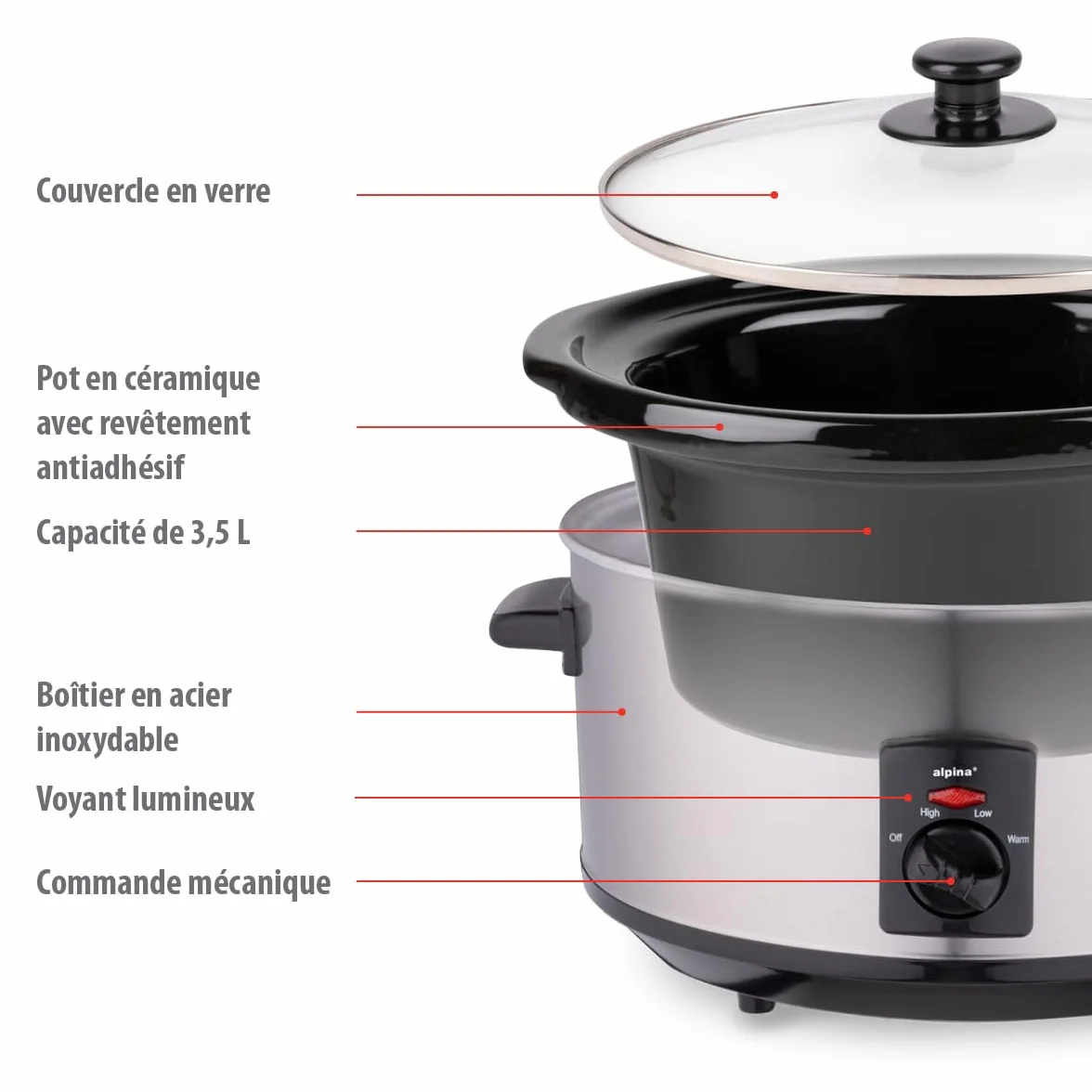 Alpina Mijoteuse Electrique - 3,5 litres - 3 Niveaux de Chaleur - Ceramique/Inox, Argenté