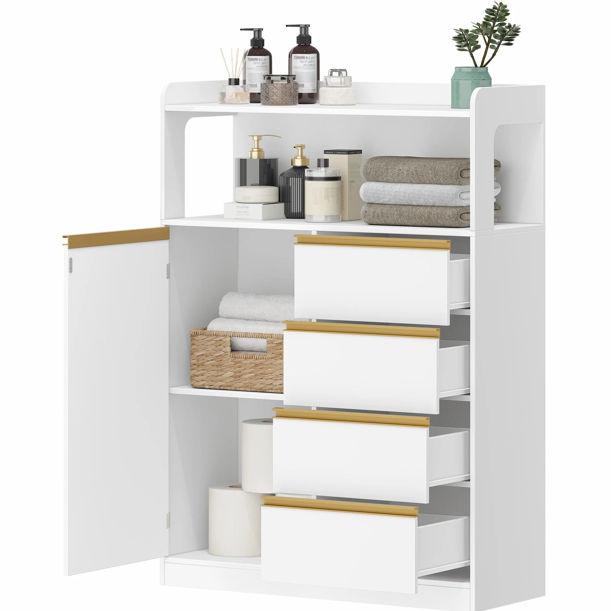 HEXCELEN Meuble Salle de Bain, Meuble Salle de Bain Rangement, Placard de Rangement avec 4 Tiroirs, Armoire Haut Salles de Bains, Étagères Réglables, Salles de Bains, Le Salon, Blanc, 30 x 80 x 110 cm