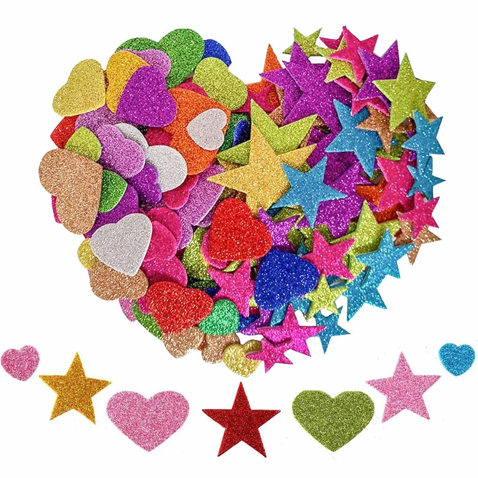 Paillettes Mousse Autocollants 150pcs, Mini Coeur et étoile Enfants, Décoration Murale