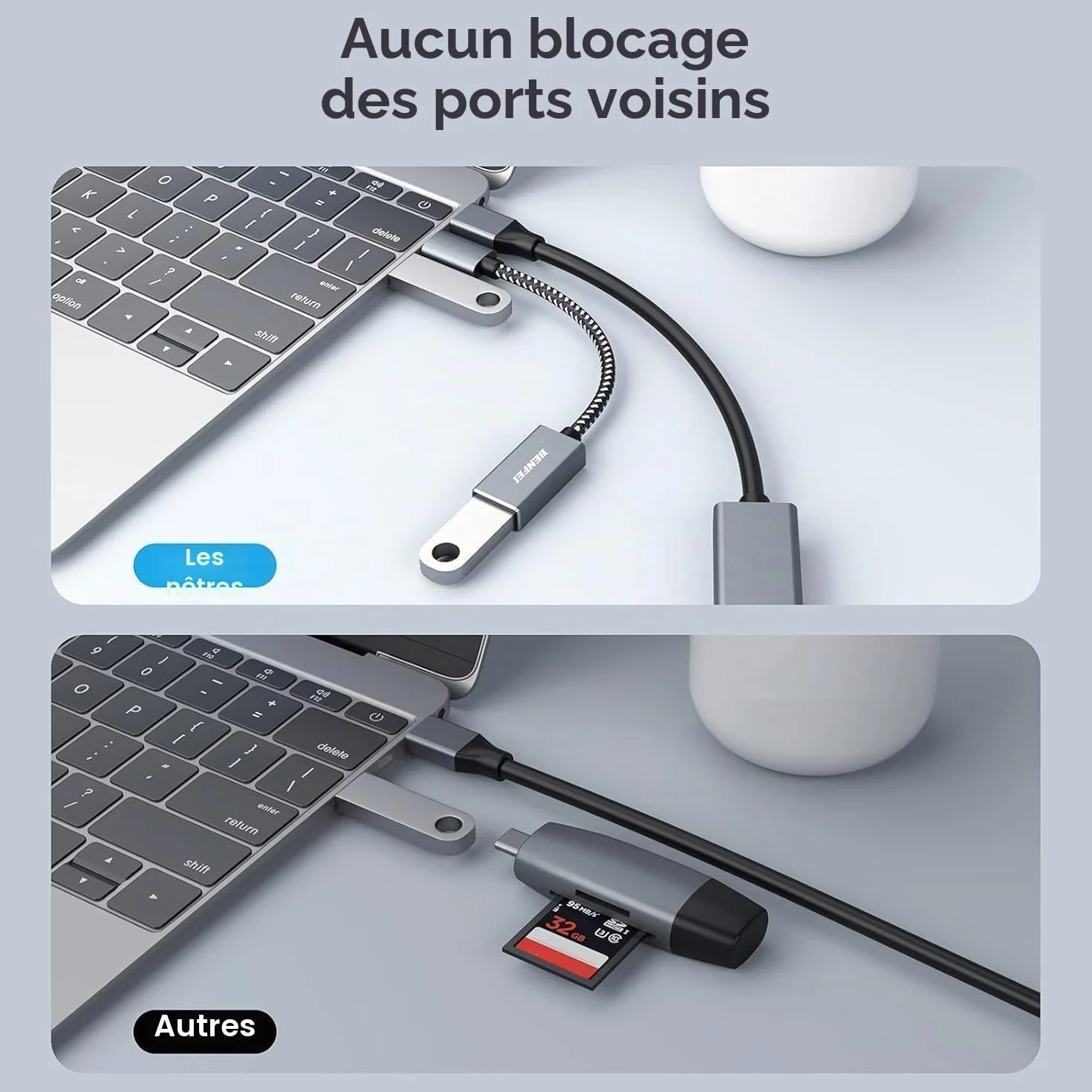 BENFEI Adaptateur USB C vers USB 3.0 Pack de 2, Type-C vers USB, Aluminium, Nylon, Compatible iPhone 16/15 MacBook Samsung Galaxy S8/S9, Gris