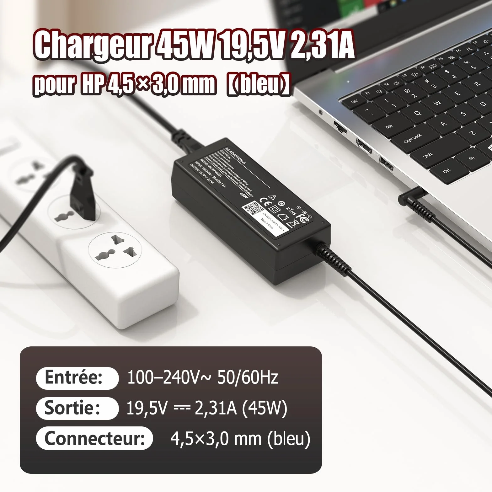 Chargeur Ordinateur Portable 45W Compatible HP Elitebook 840 850 ProBook 430 440 450 Pavilion X360 Stream Envy 19.5V 2.31A