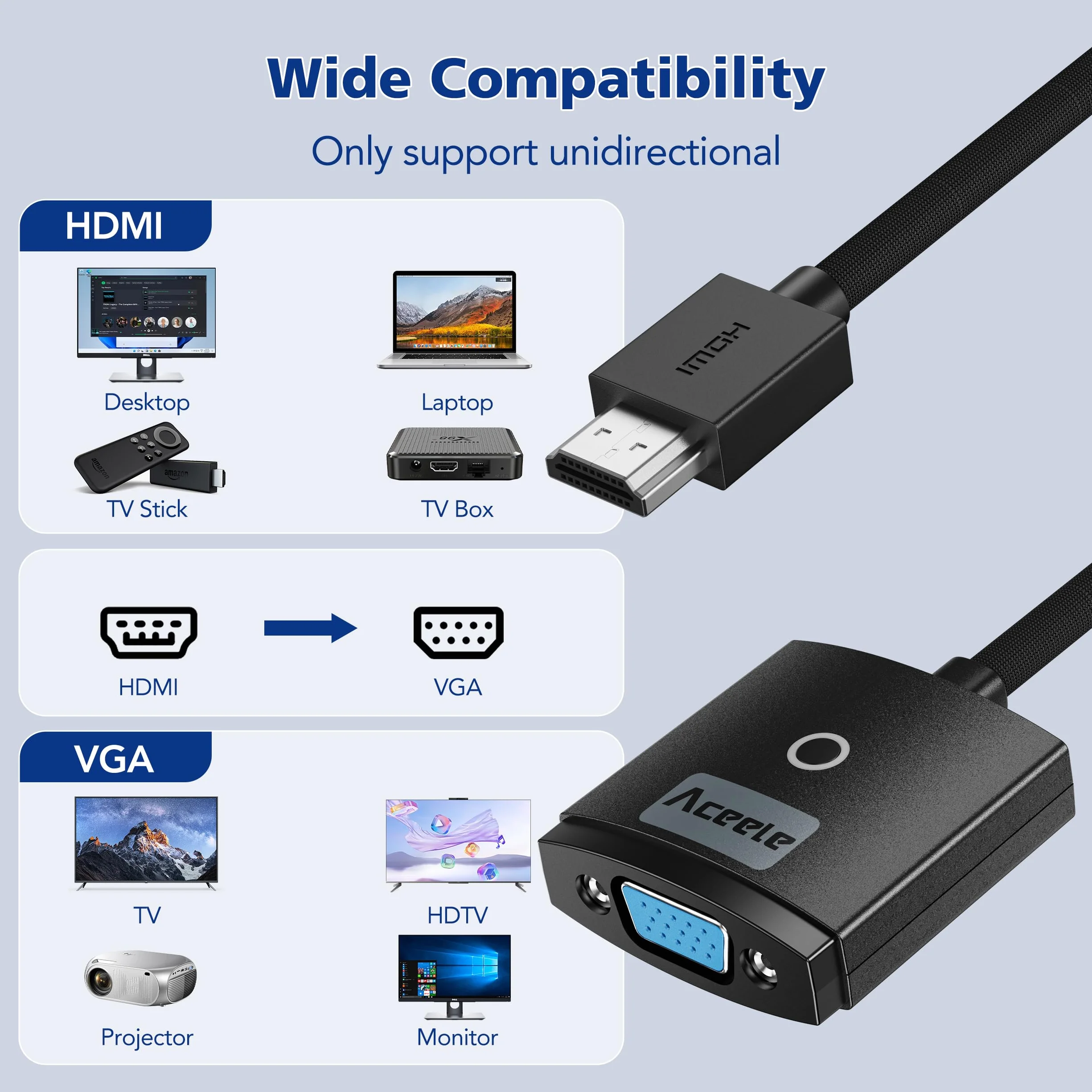 Aceele Adaptateur HDMI vers VGA Full HD mâle vers femelle