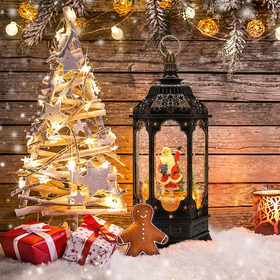 Lanterne Noel,Lanterne Boule à Neige Musicale LED de Noël,Lampe de Noel Lumineux Bonhomme et Flocon de Neige avec Christmas Songs, pour Décoration Noel Intérieure, Prise USB ou Alimenté par Pile