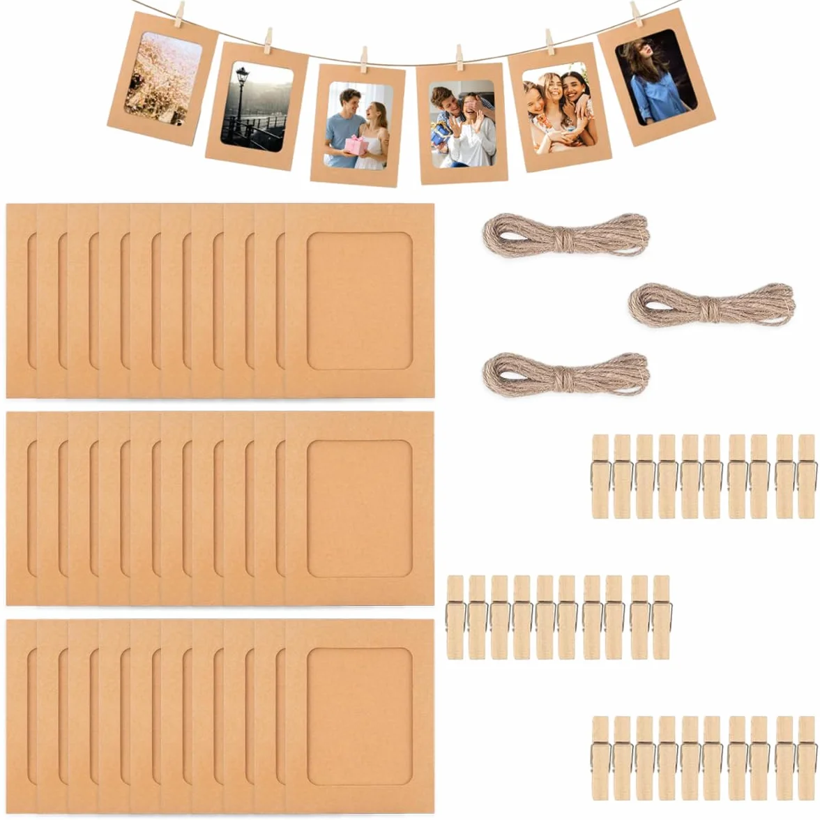Cadres Photo en Papier Kraft 30 Pièces 15,5 x 11,5 cm Guirlandes avec Pinces en Bois et Corde de Chanvre Décoration Murale Suspendue