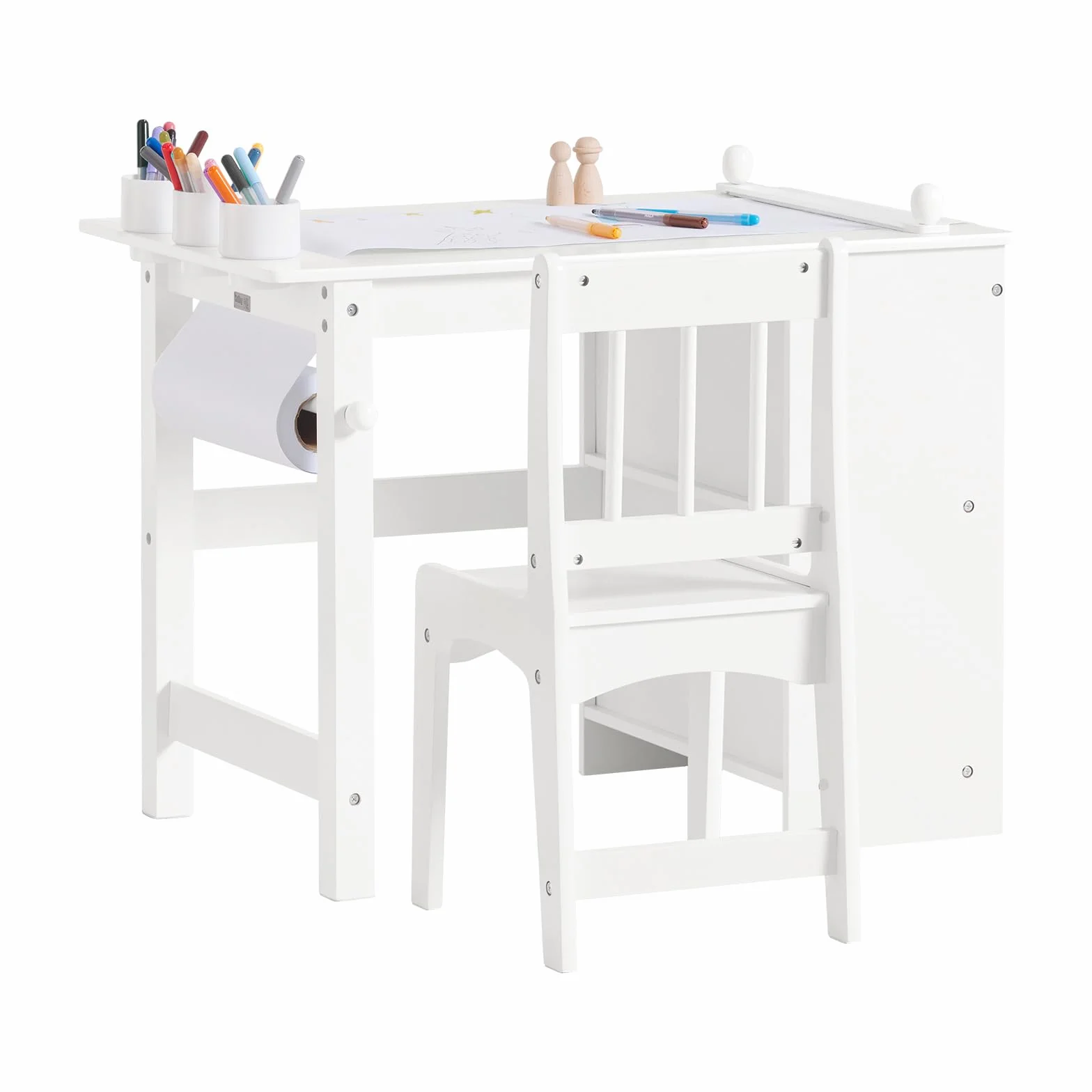 SoBuy Table Enfant avec Chaise Ensemble 2 Pièces Table et Chaise pour Enfant Bureau avec 2 Étagères Porte-Papier et Rangements Stylos Blanc 80x54x65,5 KMB60-W