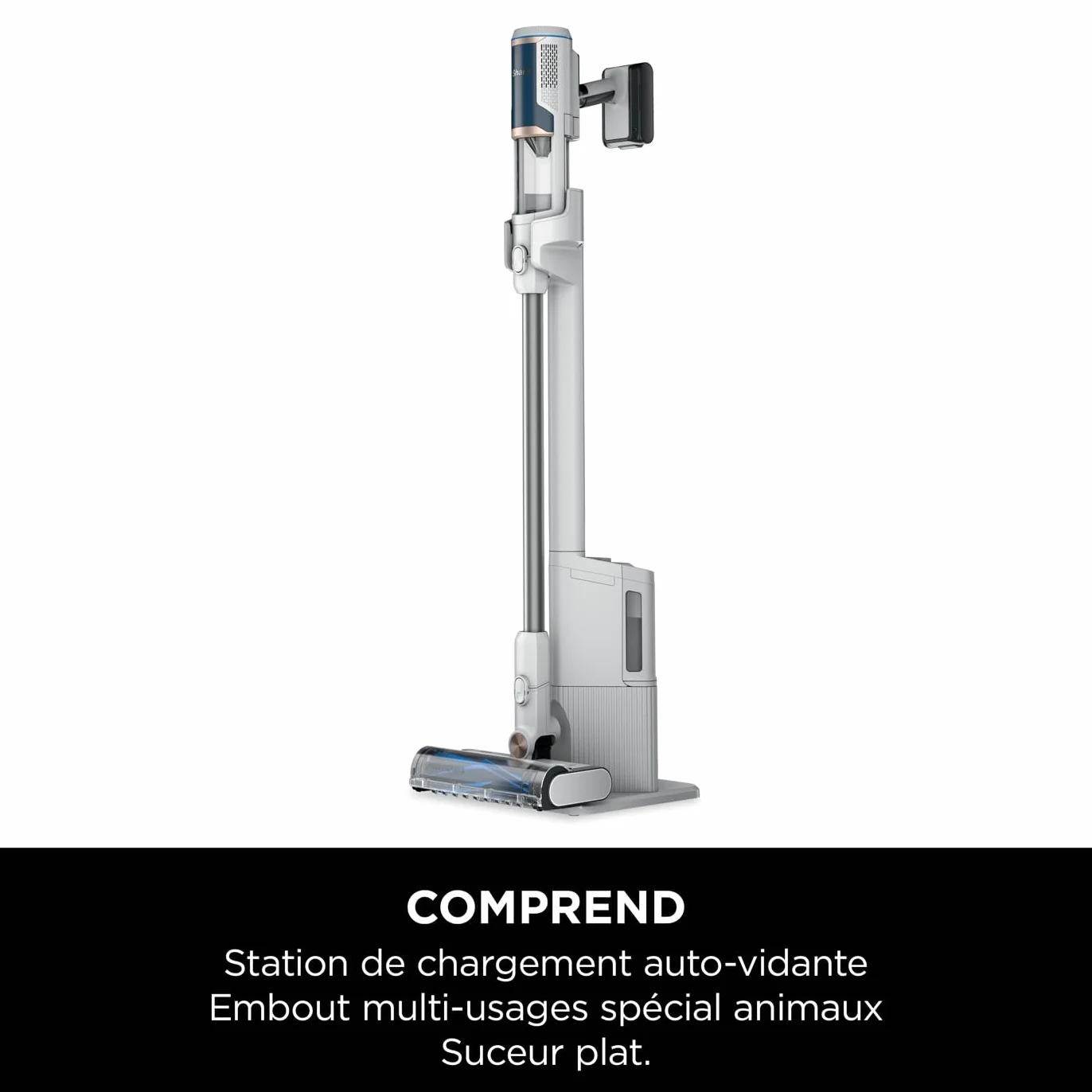 Shark Clean & Empty, aspirateur sans fil, vidage automatique, aspirateur anti-emmêlement avec accessoires pour animaux et suceur plat, autonomie 40 min, station de chargement, blanc/bleu, BU3521EU