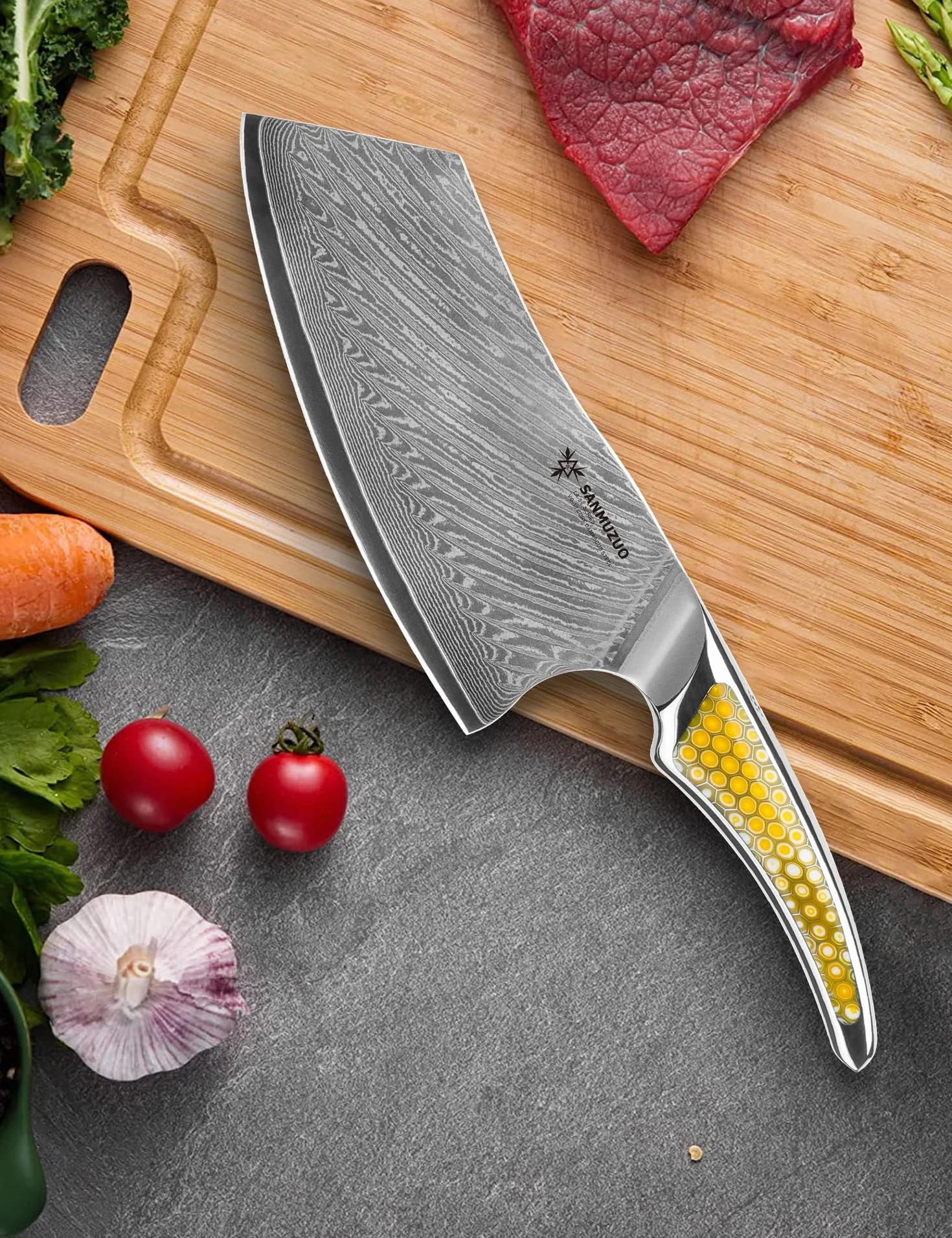 Couteau Nakiri 18 CM, Couperet à viande en acier Damas japonais VG-10, Couteau à légumes ultra tranchant avec manche pleine soie en résine Jaune, série LA-S9