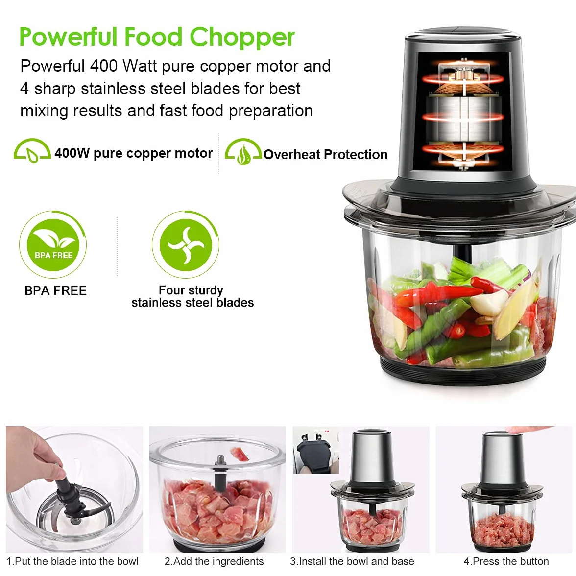 Hachoir Électrique Multifonction Avec Bol Verre 1.5L - 400W, 2 Niveaux de Vitesse, 4 Lames Amovibles pour Viande, Oignon, Herbes, Fruit Sec Rapide