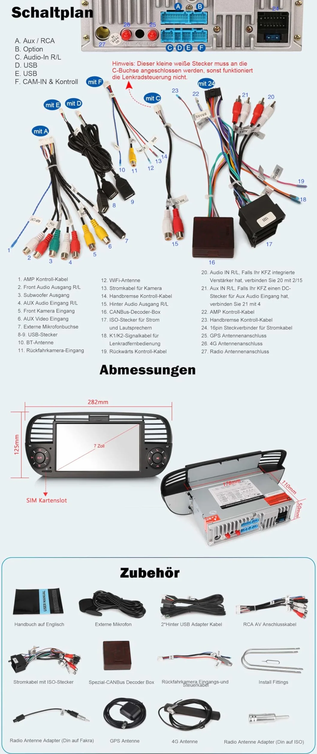 Erisin 8-rdzeniowy 4 GB + 64 GB Android 14 GPS radio samochodowe Bluetooth 5.0 z nawigacją do Fiat 500/500C/500S 2008-2015 500E 7 cali ekran dotykowy obsługuje bezprzewodowy CarPlay Android Auto WiFi