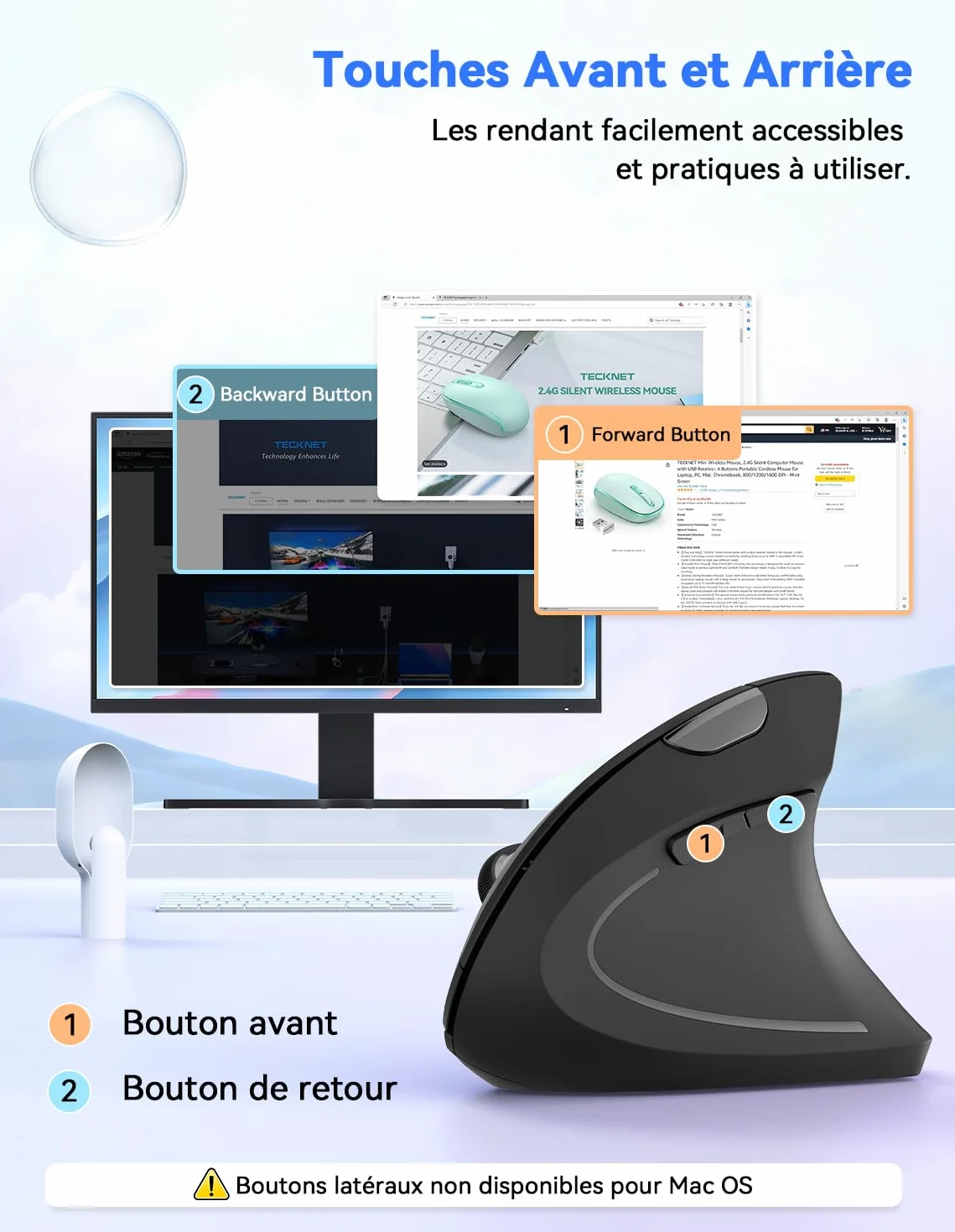 TECKNET Souris Ergonomique sans Fil 2.4G, Silencieuse Verticale 4800 DPI Réglable 6 Boutons LED