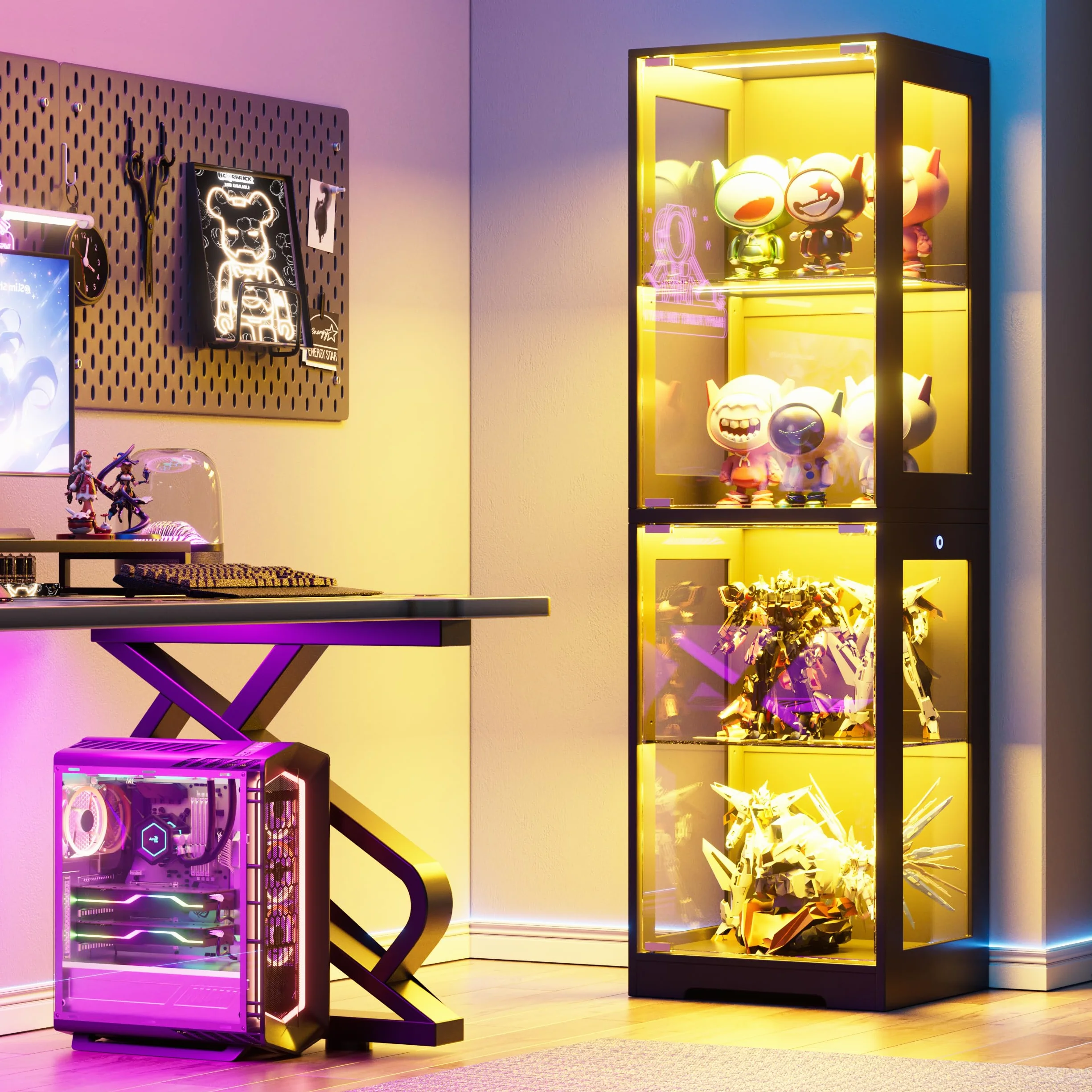 Vitrine en Verre avec LED, Vitrine pour Collection, 4 Couches Multifonction en Verre Debout,Armoir de Vitrine Moderne,Armoire de Salon de Collection,Jouets,Livres, 160x40x35cm