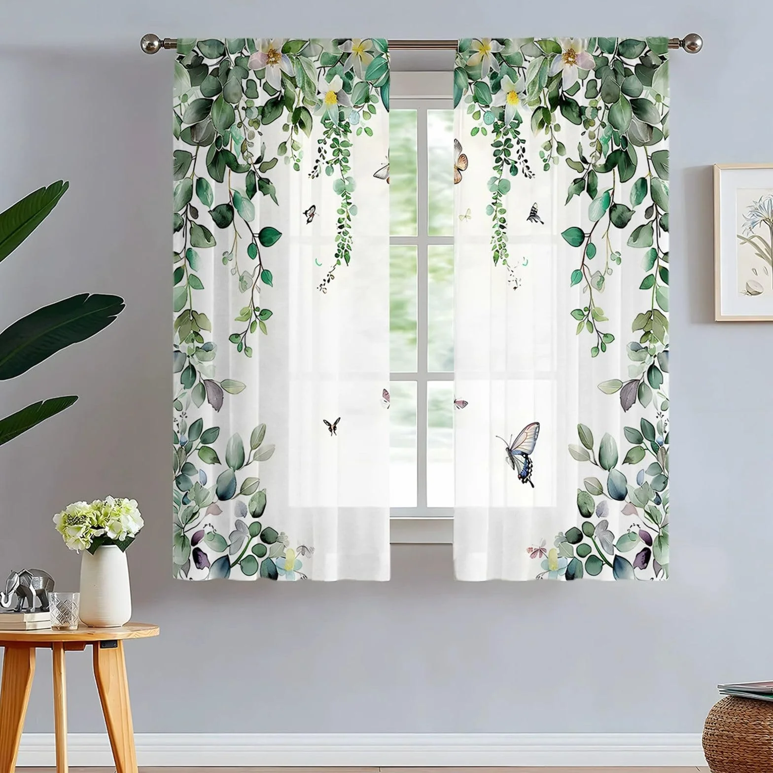 Rideau Voilage Semi Occultant Feuille Verte 3D avec Passe Tringle 2 Pièces Fenetre Décoration Salon Chambre