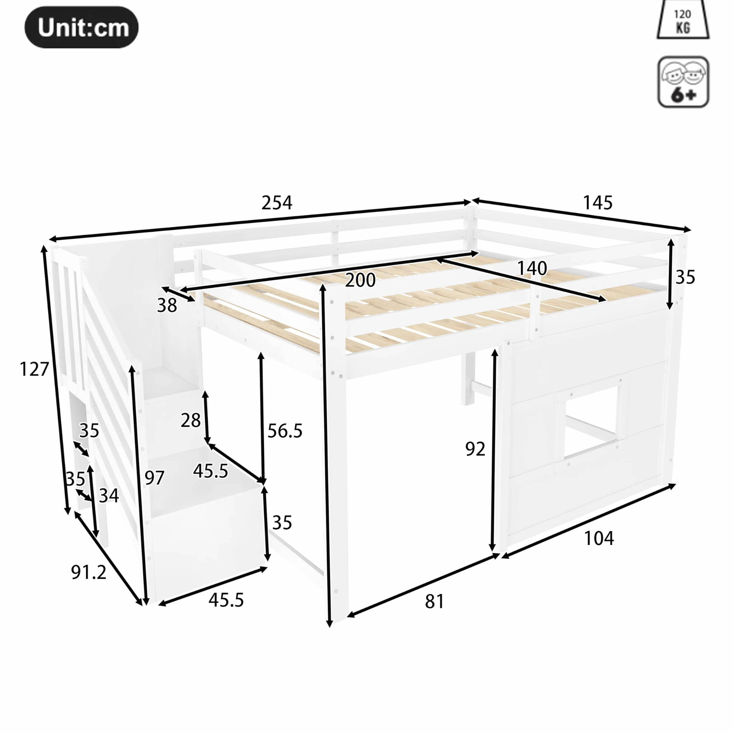 Lit Mezzanine 140x200 cm avec Escalier De Rangement et Fenêtre, Blanc – Lit Superposé Enfant 1 Place, Structure Robust en Pin Massif, Sécurité Garantie, pour Garçon et Fille