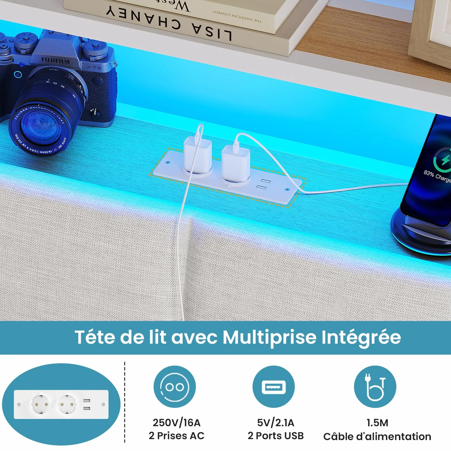 Brinlawb Cadre de Lit 140 x 190 avec Sommier en Métal, Lit 2 Personnes avec Lumières LED et Multiprise (2 Prises AC,2 Ports USB) lit Double 140x190cm avec Rangement, Facile à Assembler, Moderne, Blanc