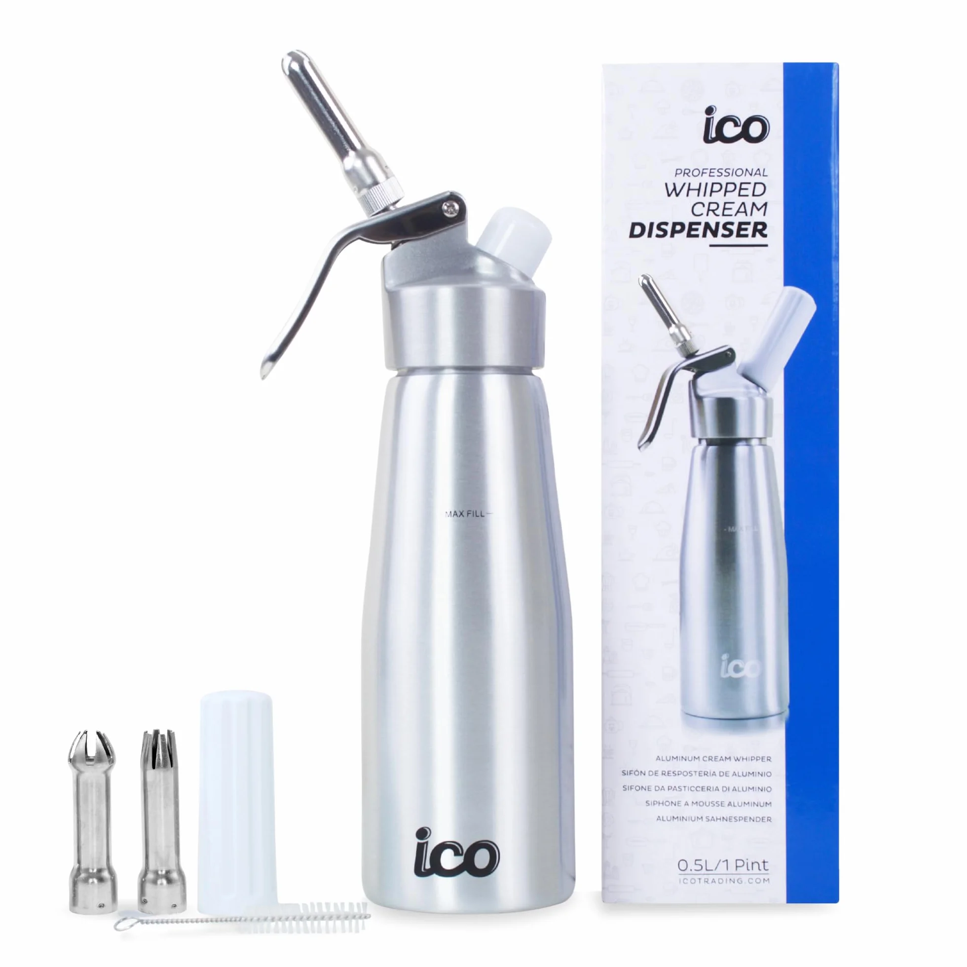 ICO Siphon Chantilly Aluminium 500ml Professionnel Crème Fouettée Maison Mousses Desserts Compatible Cartouches Protoxyde d'Azote Standard