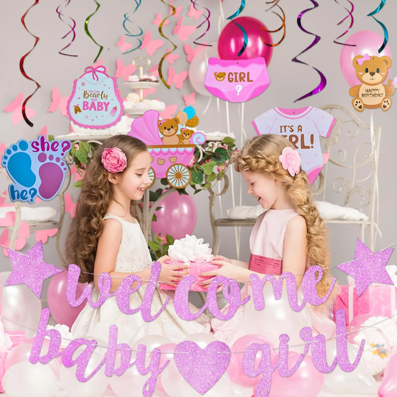 Kit Décoration Baby Shower Fille Bannière Rose Pailletée Spirales Suspendues Accueil Nouveau-né
