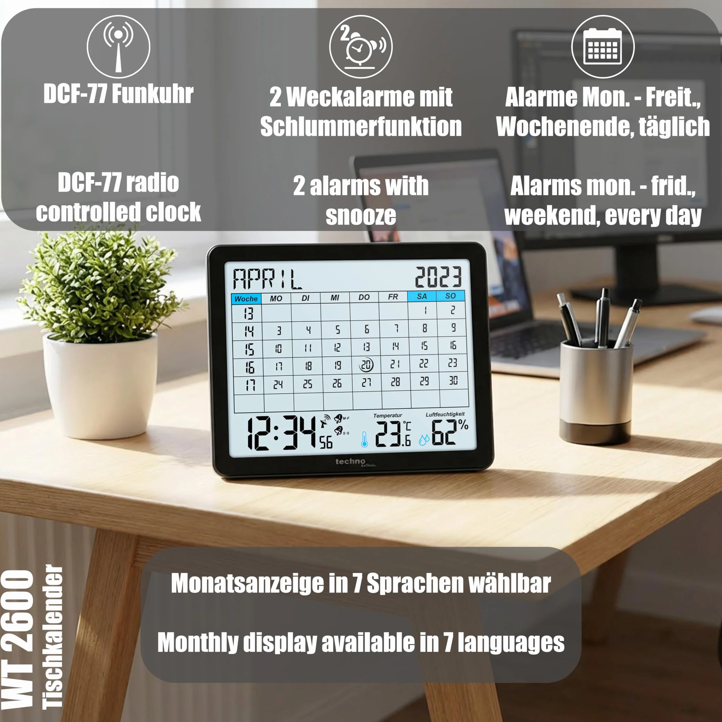 Technoline WT2600 Calendrier de Table avec Température et Humidité, Affichage Min/Max, 17 x 14 cm, Noir