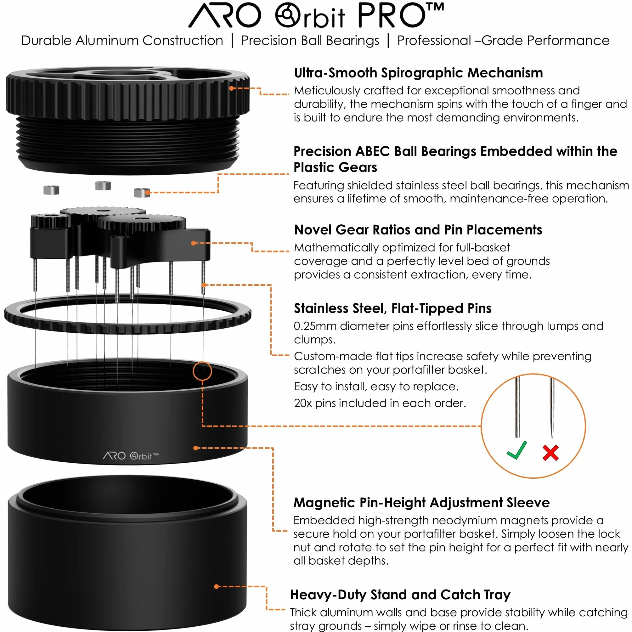 ARO Orbit PRO™ Outil de distribution d'espresso spirographique en aluminium | WDT à engrenage pour baristas à domicile et cafés professionnels (noir, 54 mm)