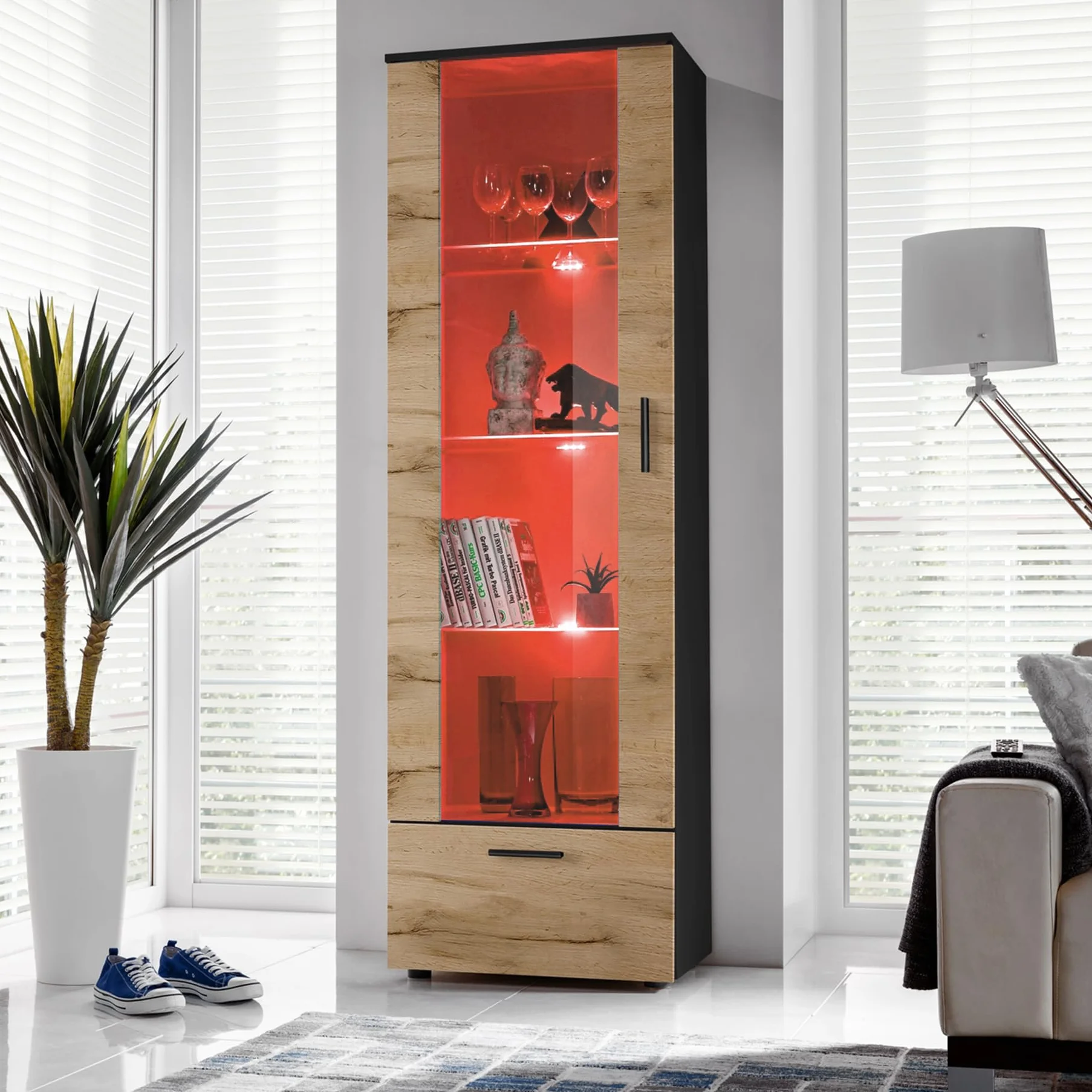 Komodee, Vitrine Armoire Alessandria, Noir Wotan, Largeur 60 cm x Hauteur :192 cm x Profondeur 42 cm, LED RGB, 3 étagères, pour Salon, Chambre, Entrée