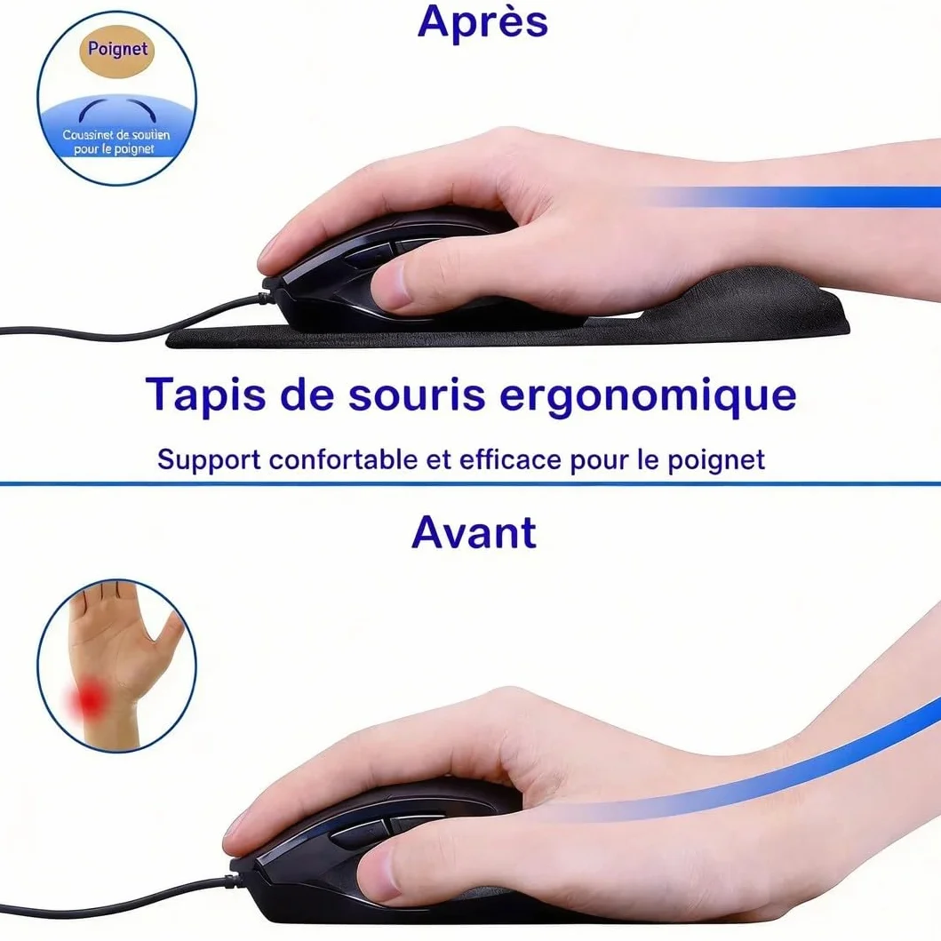 Tapis de Souris Ergonomique avec Repose-Poignet Mousse à Mémoire, Antidérapant, Lavable, Noir