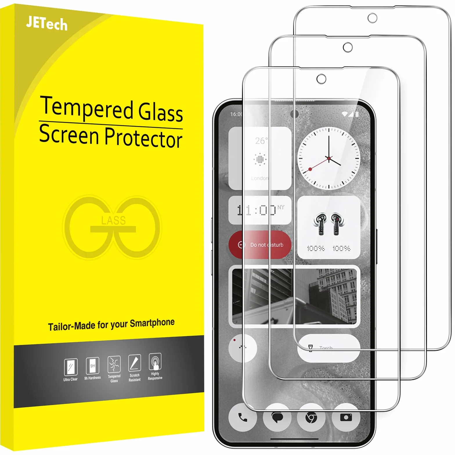 JETech Ochraniacz Ekranu dla Nothing Phone 2 6,7 Cala, 9H Screen Protector Szkło Hartowane Film Folia, Odporny na zarysowania, HD Przezroczyste, 3 Sztuki