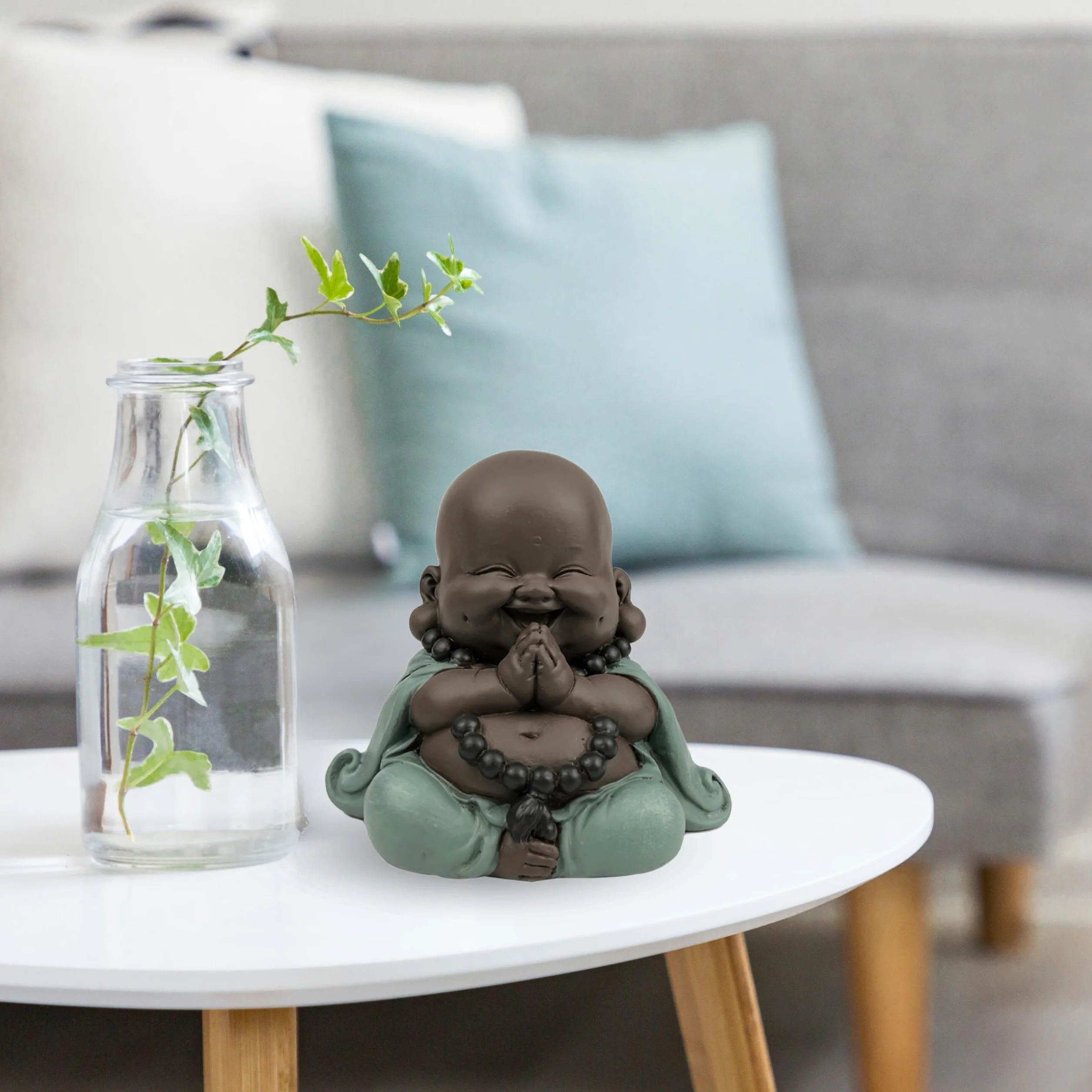 Statue Bouddha Rieur Porte Bonheur Décoration Feng Shui Zen 9cm Vert Marron Zen'Light