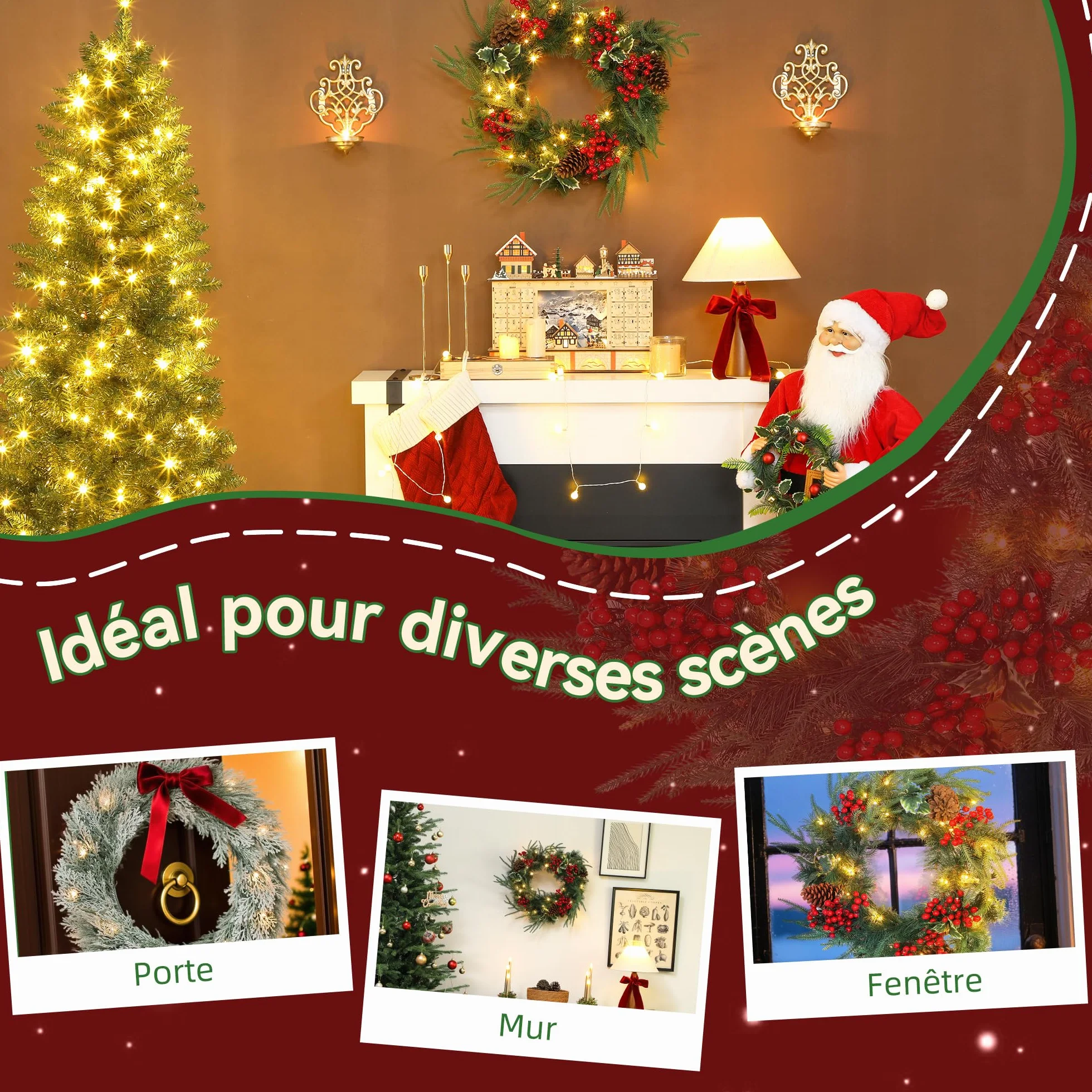 HOMCOM Couronne de Noël Lumineuse 60 cm avec 35 LED Blanc Chaud, minuterie, Couronne de Noël de Porte d'entrée, 170 Pointes, Pommes de pin, Baies, Feuilles de Houx, pour Porte, Mur, cheminée, Vert