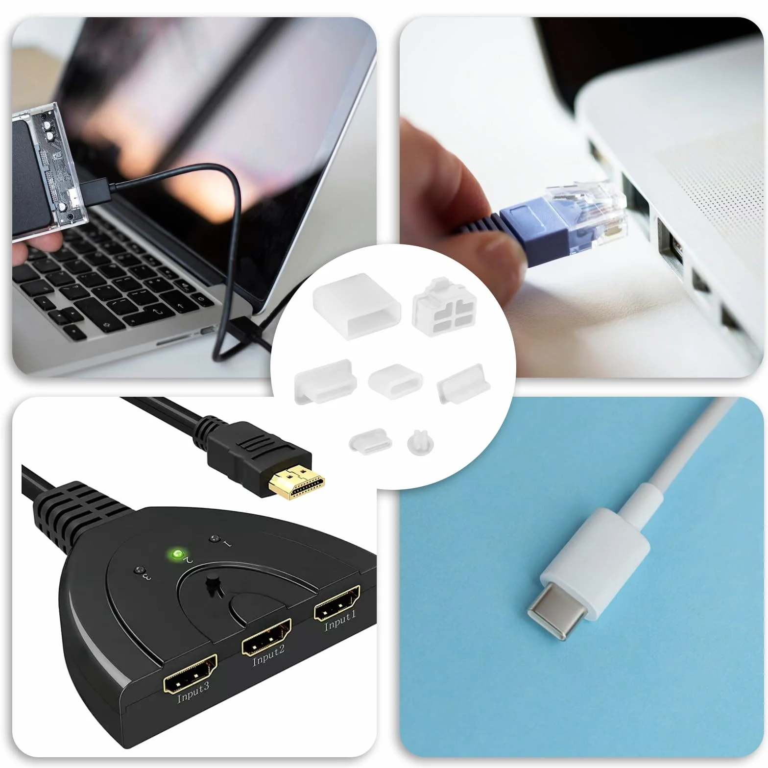 50 sztuk, 7 rodzajów nasadek ochronnych USB, silikonowe, ochrona przed kurzem USB A, port USB-C, ochrona przed kurzem, do USB A, żeńskie/męskie, słuchawki typu C, słuchawki 3,5 mm, HDMI