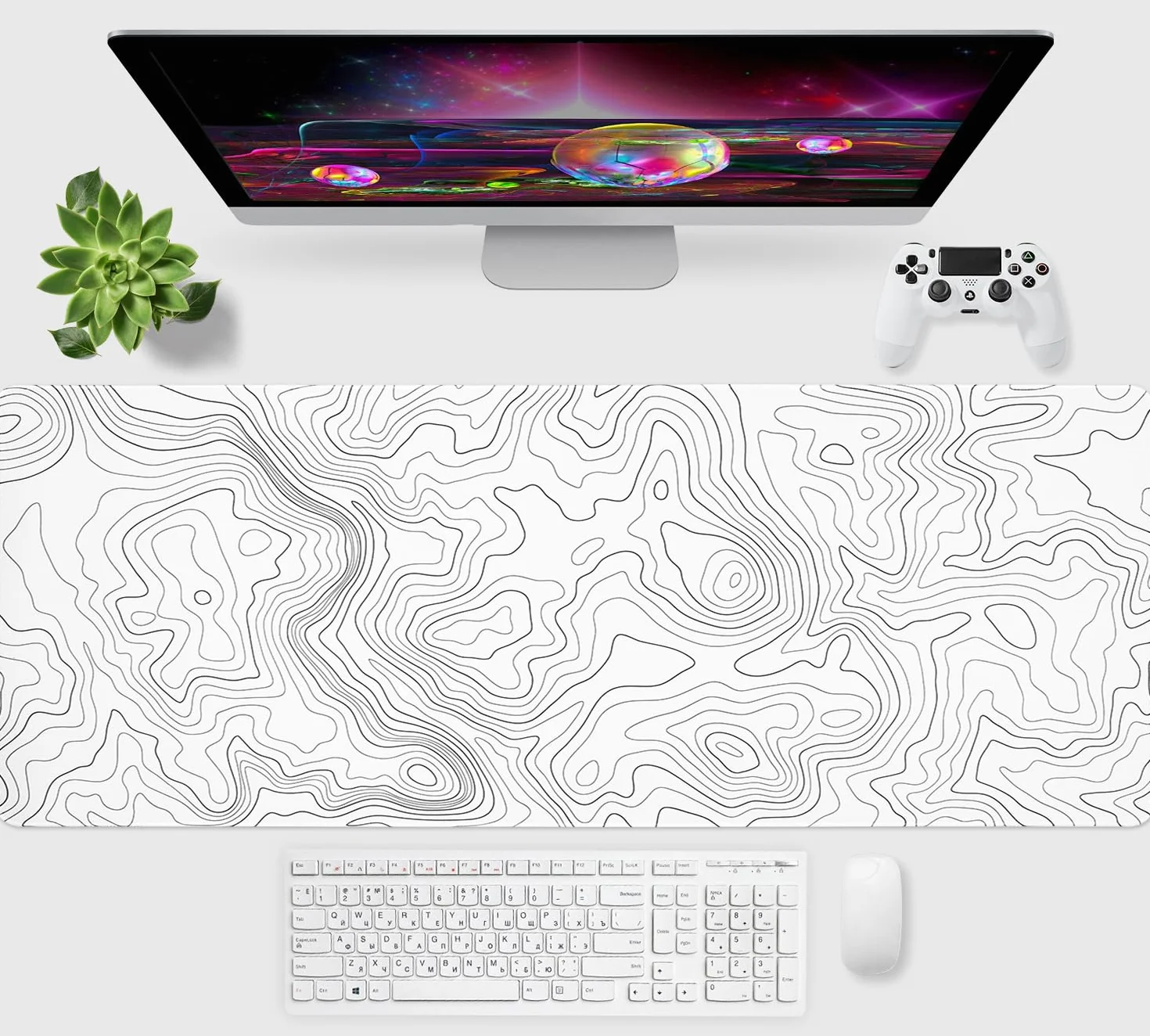 Niviy Tapis de Souris XXL 900x400mm Topographique Gaming Ergonomique Antidérapant Blanc Bords Cousus 3mm