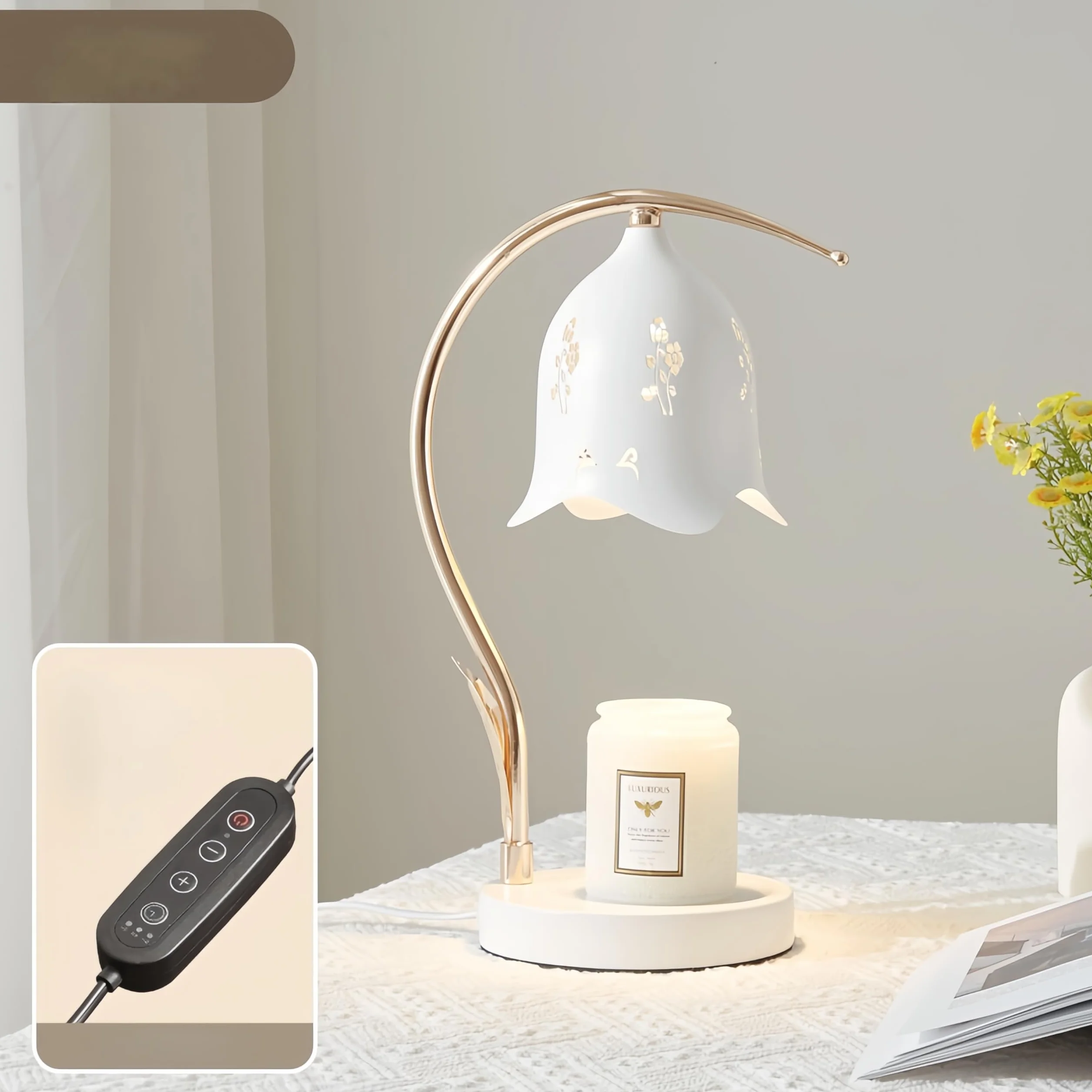 Lampe Chauffe Bougie Clochette - Candle Warmer Lamp avec Minuteur & Variateur - Fondant Cire Électrique Sans Flamme - Design Floral Blanc & Or - 2 Ampoules GU10 - Idée Cadeau Déco Femme