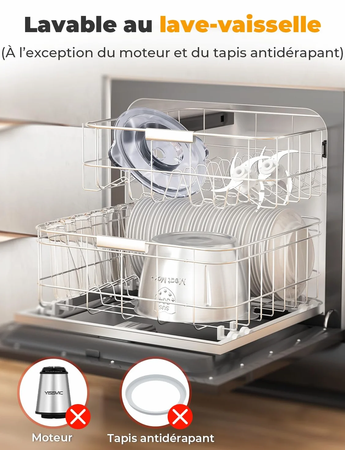 YISSVIC Hachoir Électrique 500W Mixeur Hachoir avec 2x4 Lames Bol Acier 2L Anneau Antidérapant 2 Vitesses Réglable Compatible Lave-Vaisselle Convient aux Fruits, Légumes, Viandes et Épices