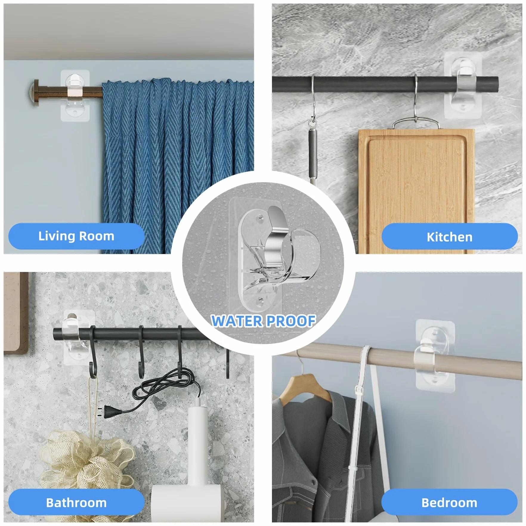 Support de Tringle à Rideaux sans Percage Autocollant Forte Transparent 4 Pièces