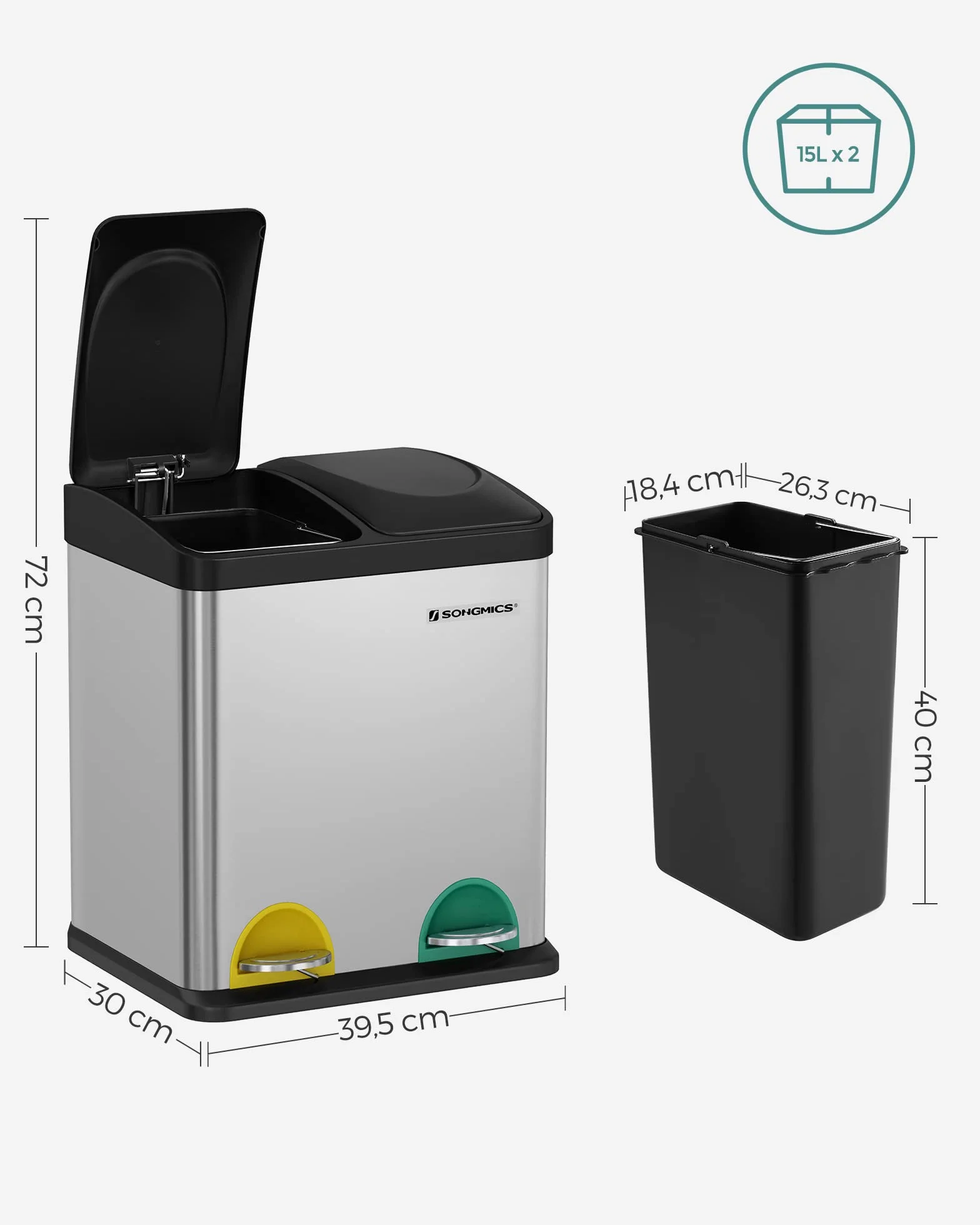 SONGMICS Poubelle de recyclage 30 L, seau de tri avec pétales, acier, 2 x 15 L, seau intérieur amovible, argent et noir LTB30L