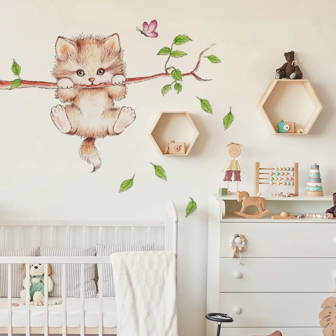 WandSticker4U® Autocollant mural CHAT MIGNON 77x55 cm animaux forêt arbre branche fleurs décoration murale chambre enfant