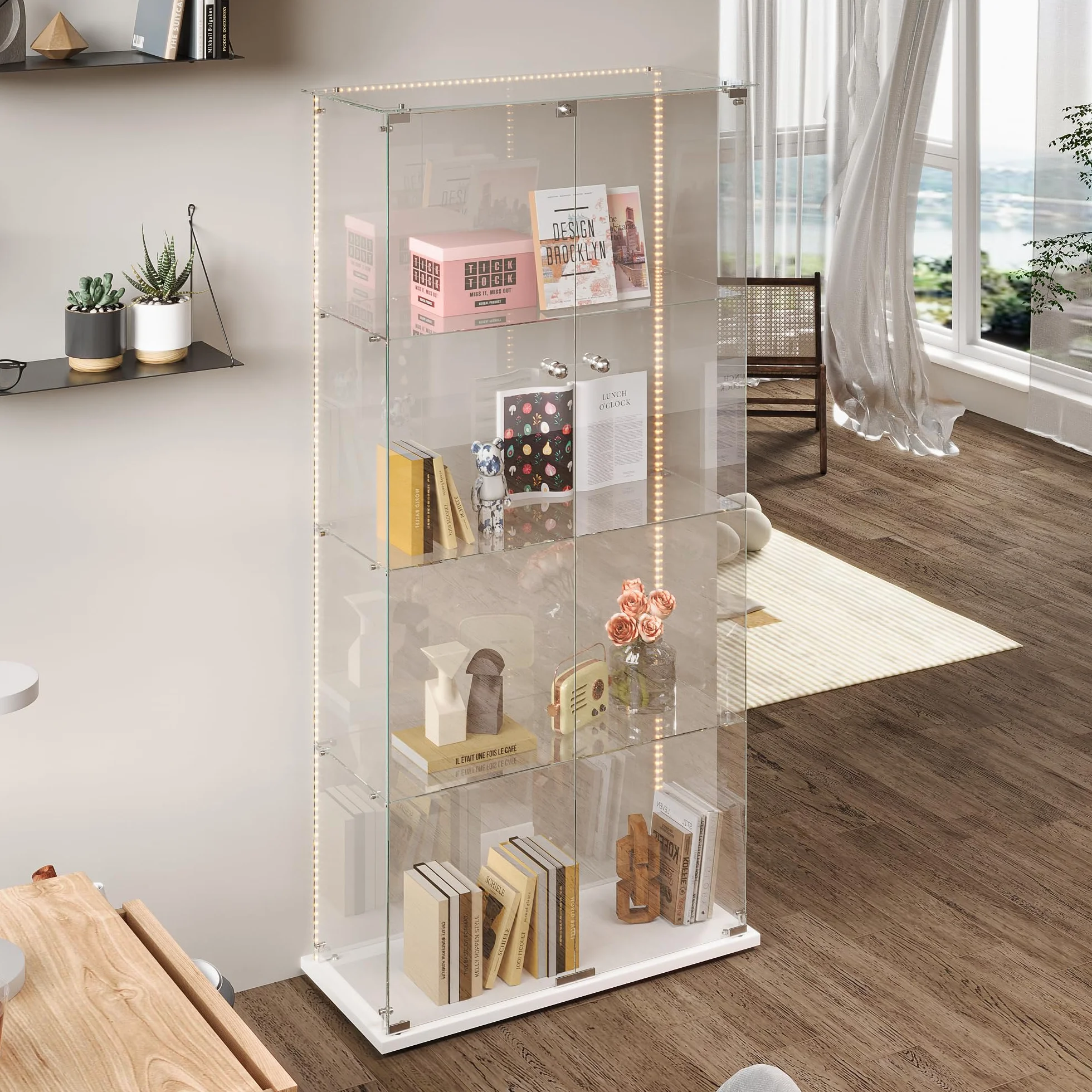 Vitrine en Verre à 2 Portes avec LED, Armoire de Présentation Moderne avec Serrure, Étagères de Rangement, Meuble Vitrine pour Salon, Chambre ou Bureau (Blanc L, 4 étages)