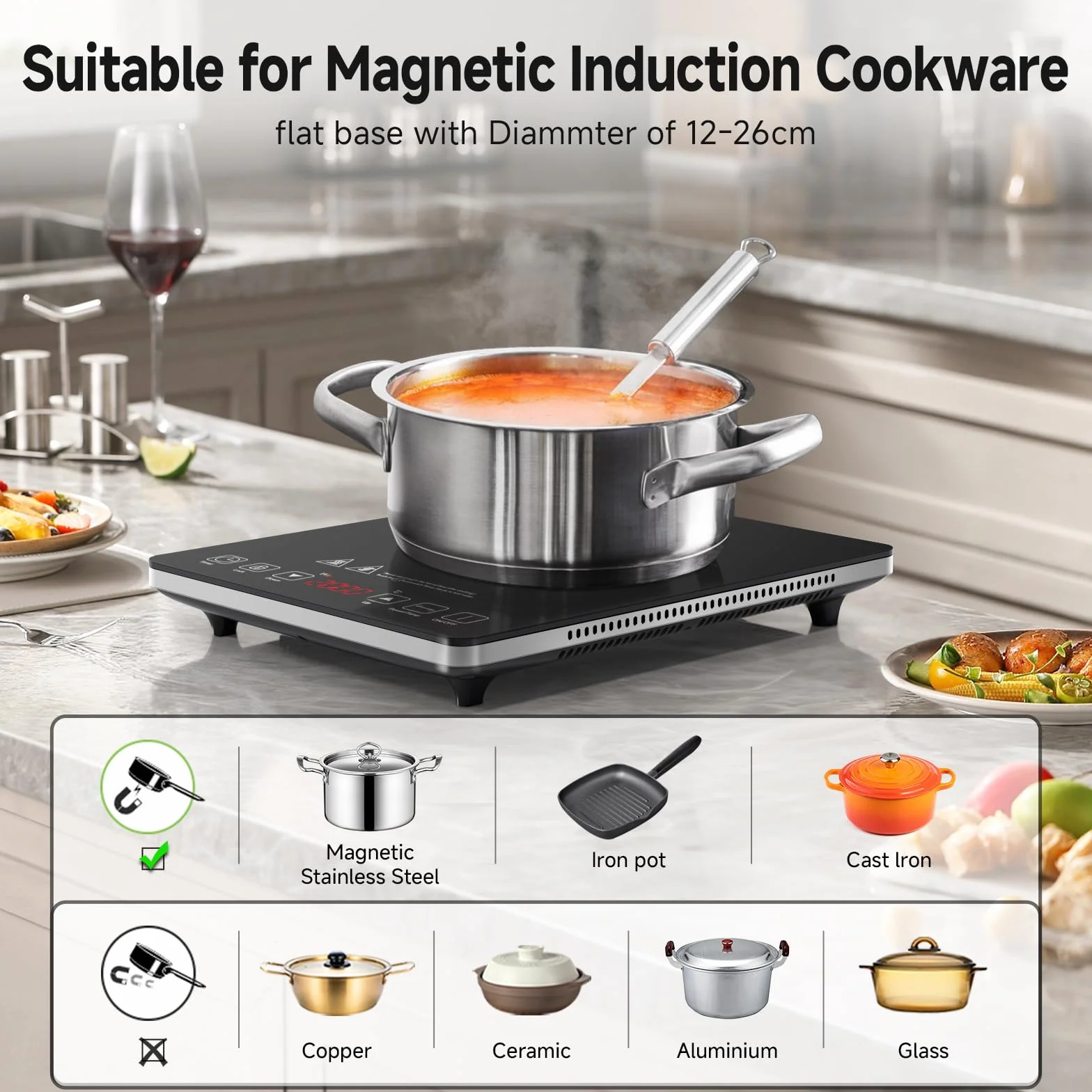 Plaque à induction, AMZCHEF Plaque Induction avec design ultra-mince,20 niveaux de température et 20 réglages de puissance, Plaque Induction 2000W avec minuterie de 3 heures,verrouillage de sécurité