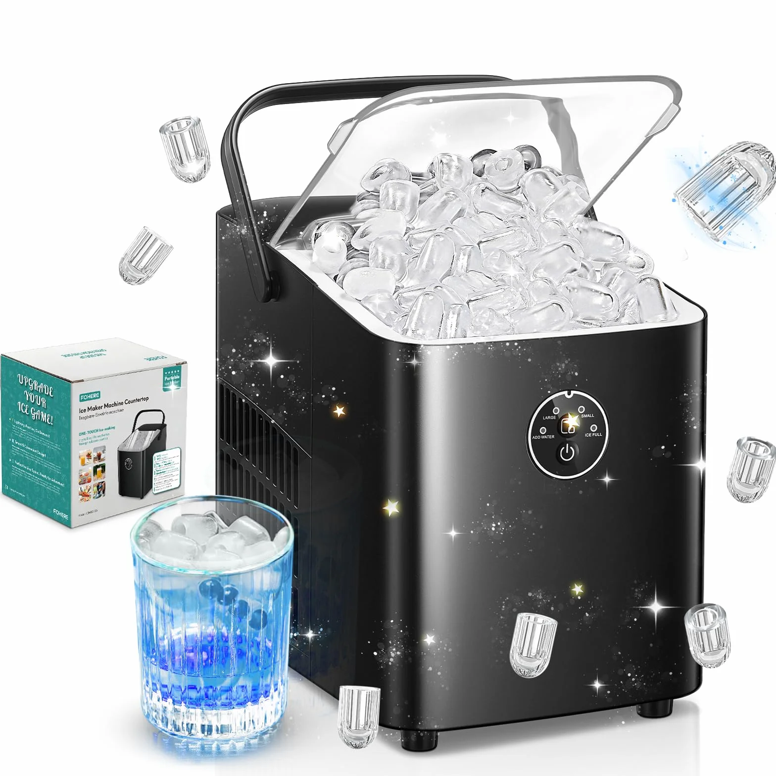 FOHERE Machine à Glaçons 14kg/24h, 8 Glaçons en 8 Minutes, 2 Tailles, Autonettoyante, Ice Maker Comptoir avec Poignée