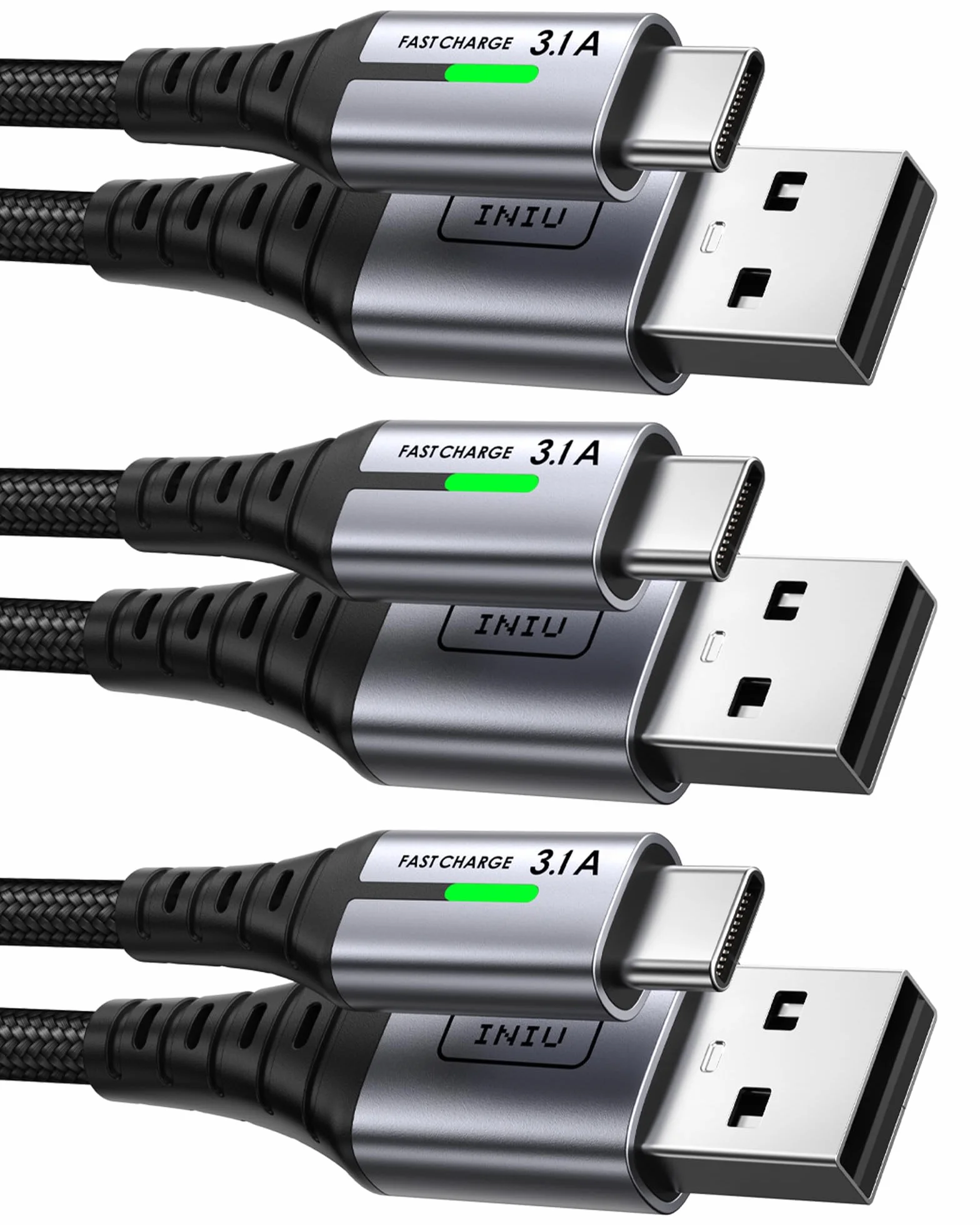 INIU Câble USB C Charge Rapide 3,1A Lot de 3 2m+2m+0,5m Nylon pour Samsung Galaxy S21 S20 A34 iPhone 15 Pro Google Pixel 7 Xiaomi PS5