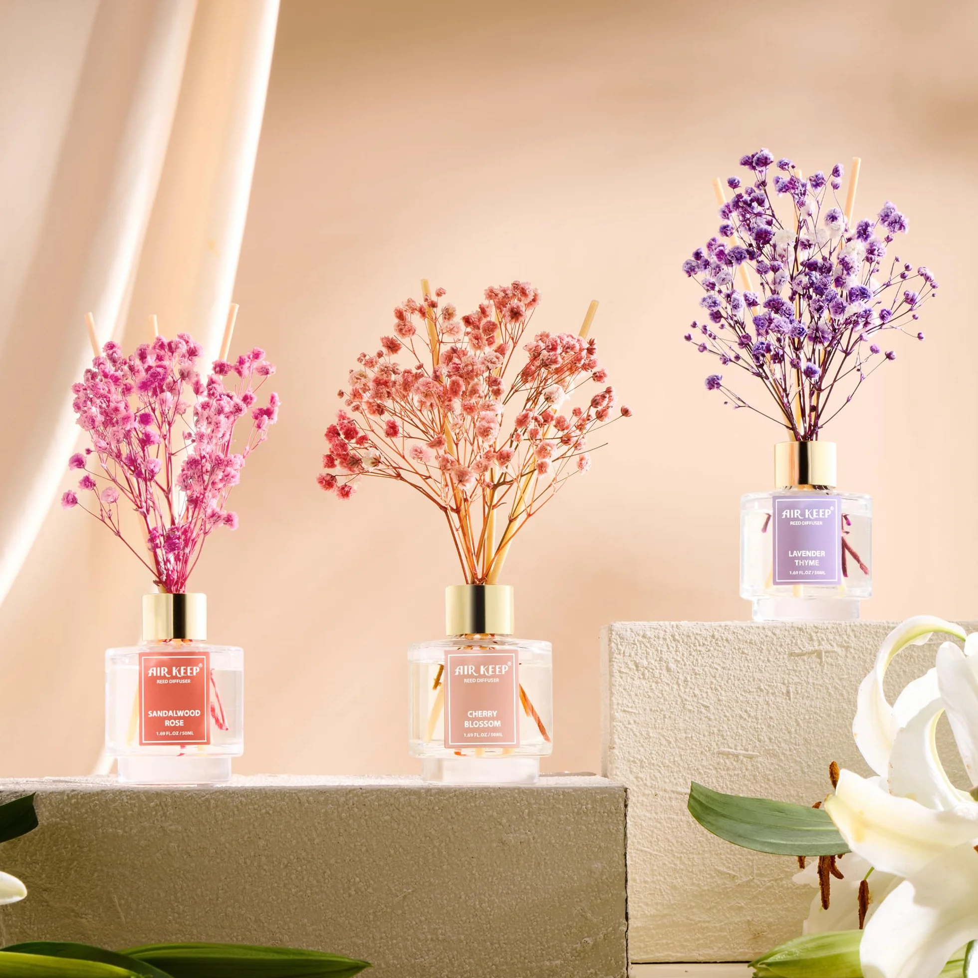 Airkeep Diffuseur de Parfum 50ml*3 Lavender Thyme Sandalwood Rose Cherry Blossom avec 24 Bâtonnets