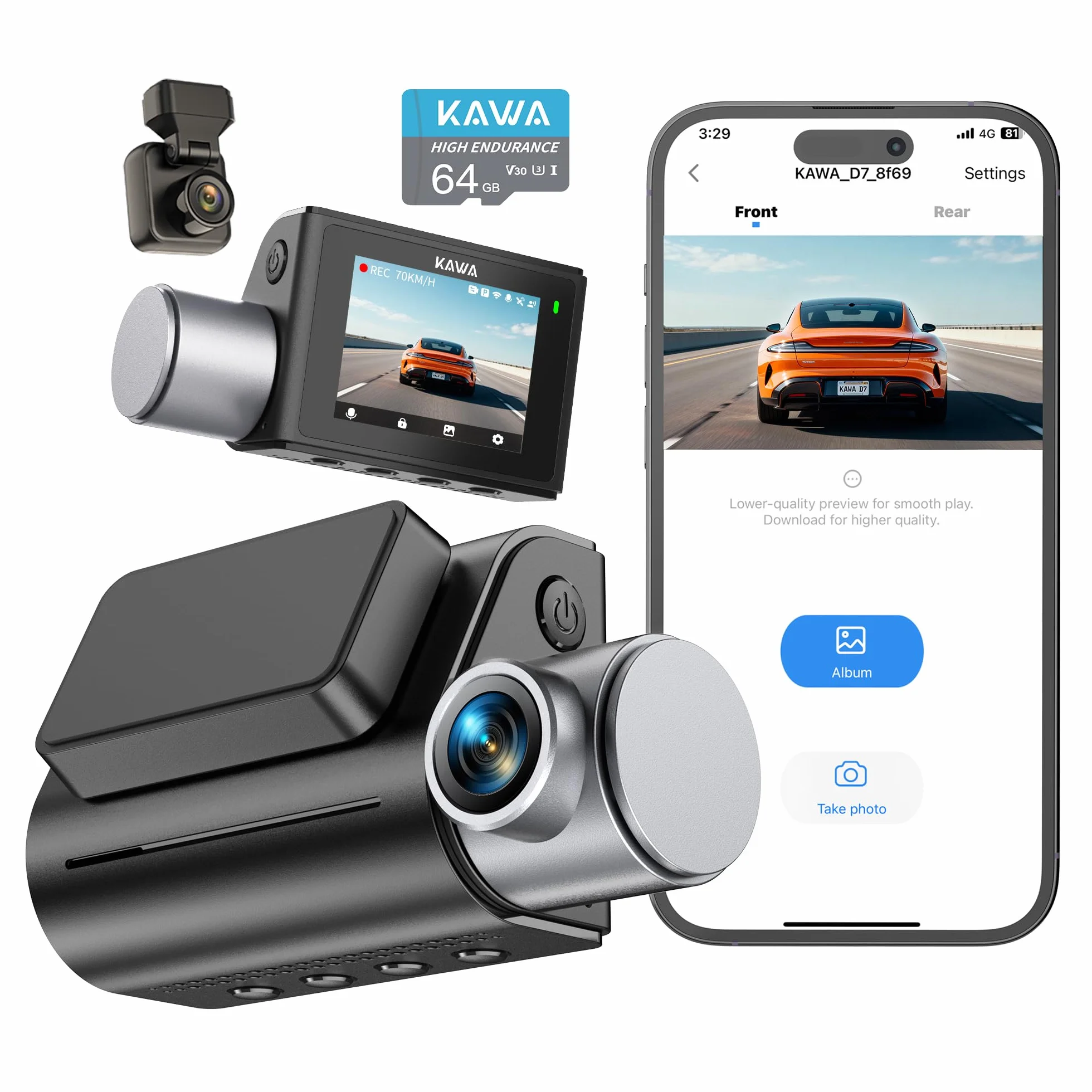 4K Dashcam z przodu i z tyłu, sterowanie głosem, karta 64GB wliczona, Wi-Fi 6 podwójna kamera dla samochodów, wbudowany GPS, ekran IPS 5 cm, 2K HDR, silnik NightEagle, tryb parkowania 24 godziny