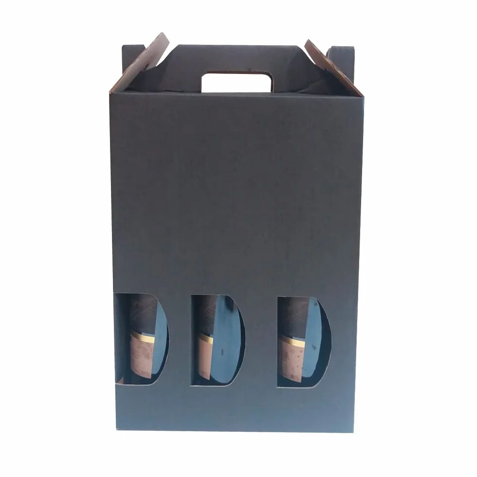 Lot de 10 boîtes en carton pour 3 bouteilles de vin, cava, champagne ou liqueur noir. Modèle automontable de boîte avec fenêtre pour emballage bouteilles très original.