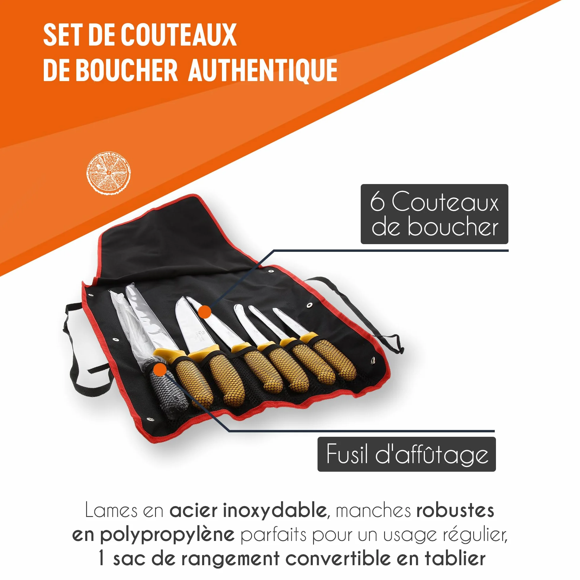 Pradel Excellence Sac Couteaux de Boucher 7 Pièces - 6 Couteaux + 1 Fusil d’Affûtage - Lames Inox Compatibles Lave-Vaisselle
