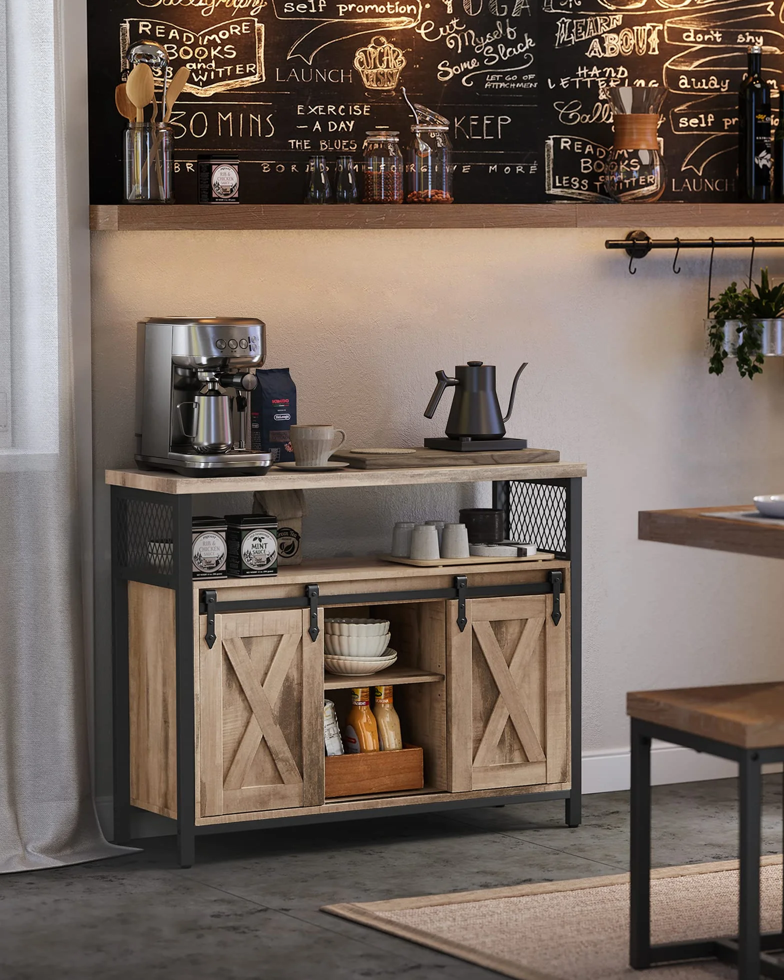 VASAGLE Meuble de Rangement, Buffet Cuisine, Commode, avec 2 Portes Coulissantes, 33 x 100 x 80 cm, Étagères Réglables, pour Salon, Marron Camel et Noir d'encre LSC092B50