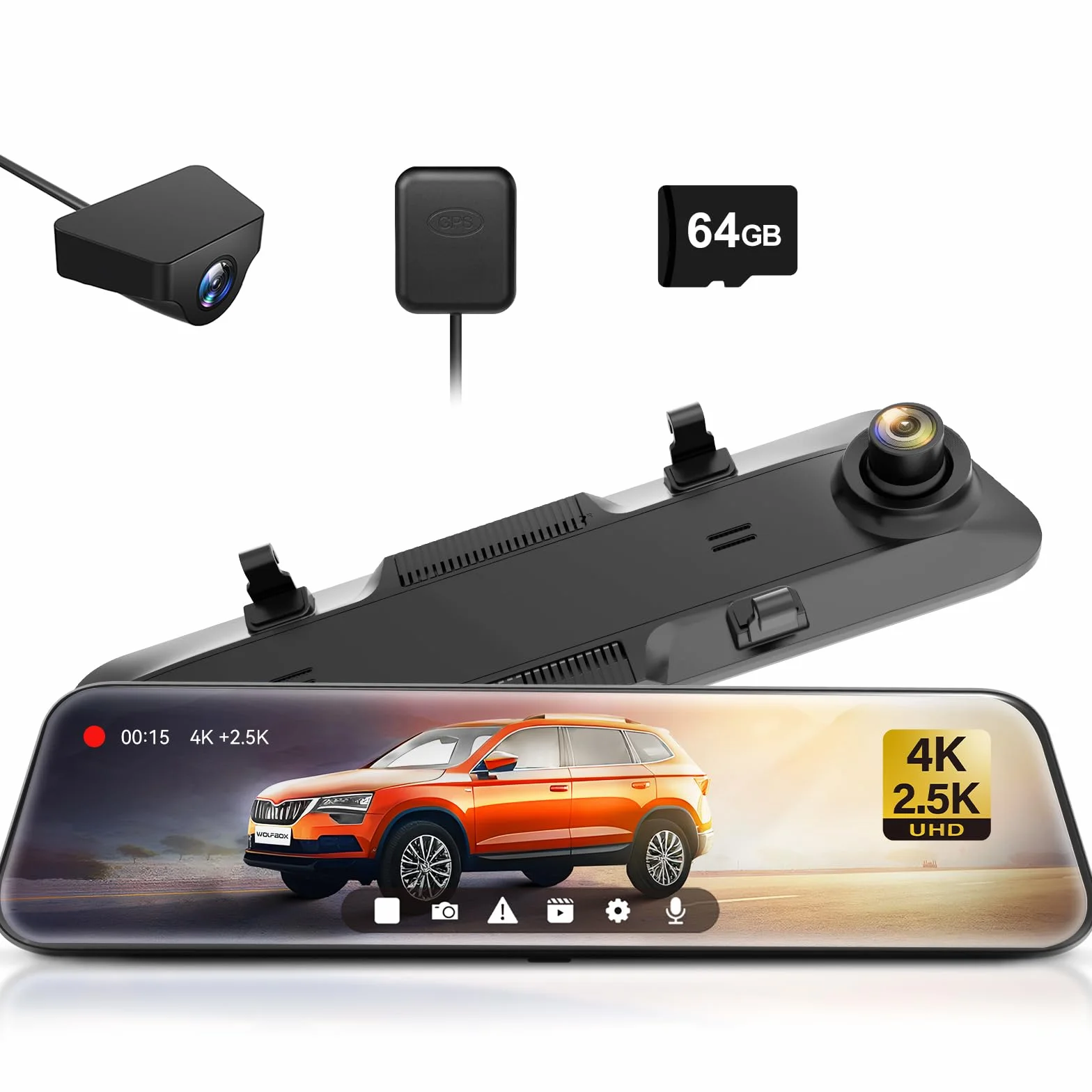 WOLFBOX Dashcam 4K + 2,5K für Rückspiegel: Front- und Rückspiegel Dashcam für Auto mit 12 Zoll Bildschirm, WDR Kamera, Nachtsicht, 64GB Karte und gratis GPS